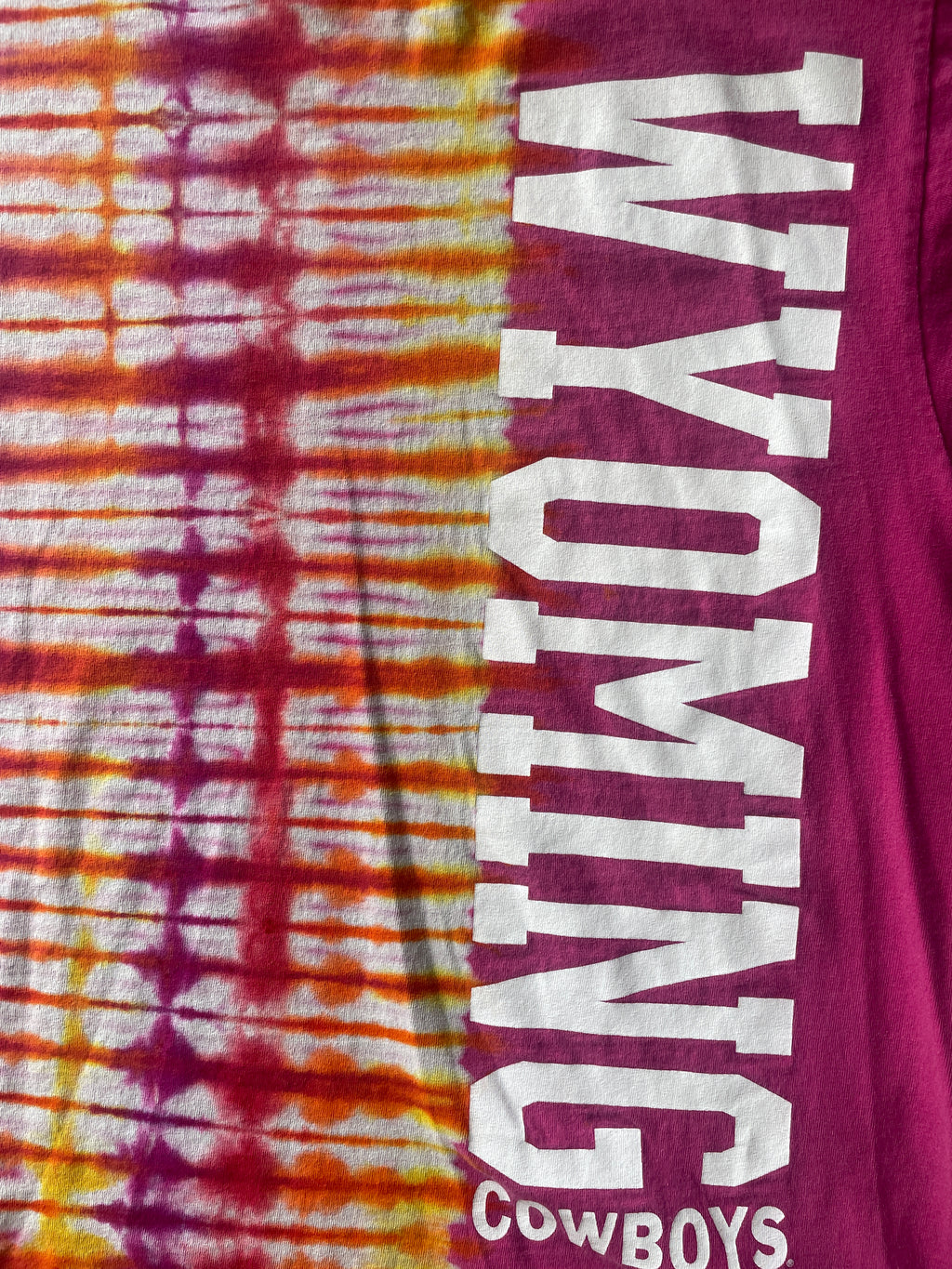 XL Men’s Wyoming Cowboys Handmade Tie Dye T-Shirt | One-Of-a-Kind Pink and Orange/Yellow/Red/Purple Short Sleeve Shirt | Wyoming Gift