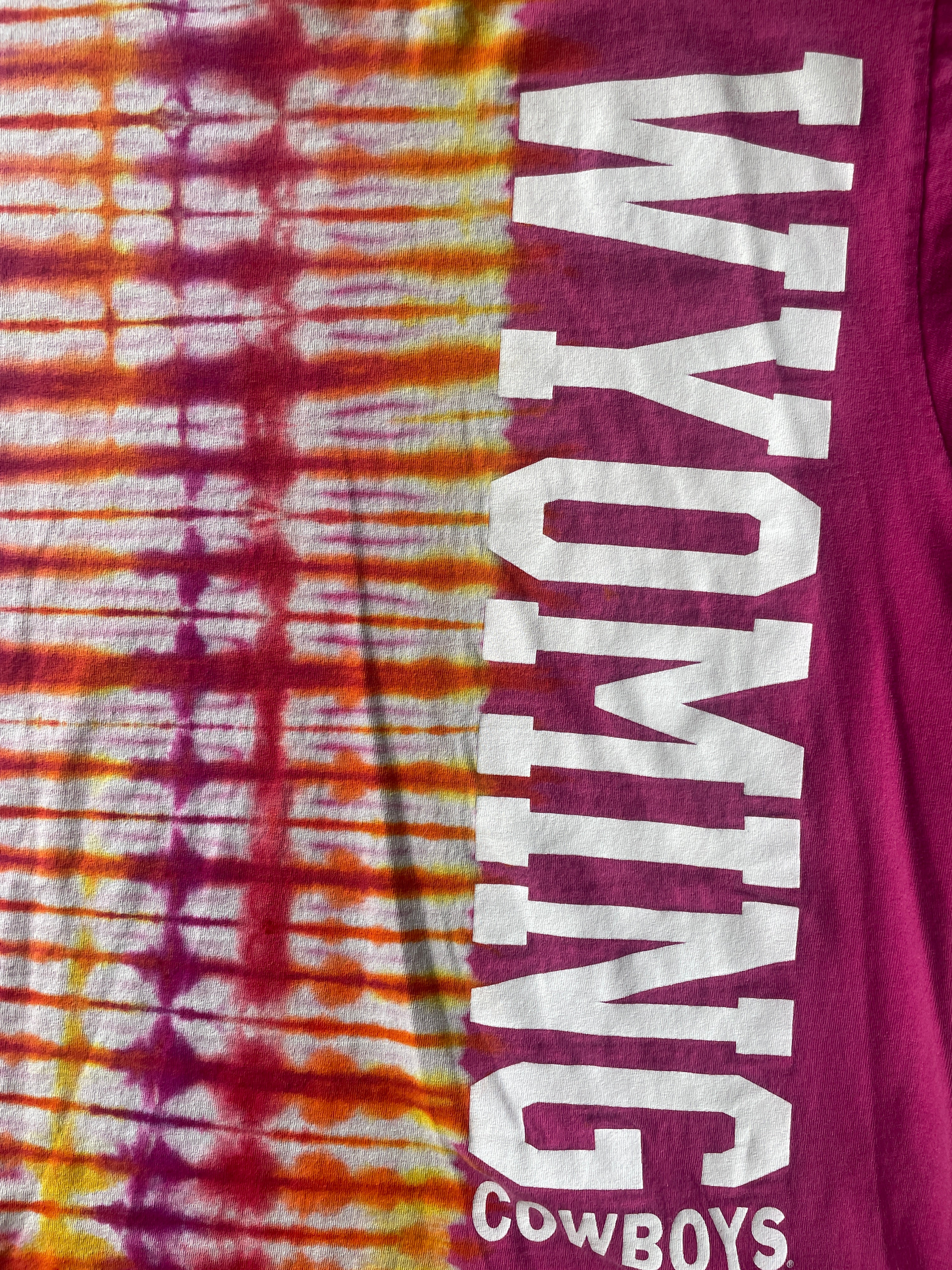 XL Men’s Wyoming Cowboys Handmade Tie Dye T-Shirt | One-Of-a-Kind Pink and Orange/Yellow/Red/Purple Short Sleeve Shirt | Wyoming Gift