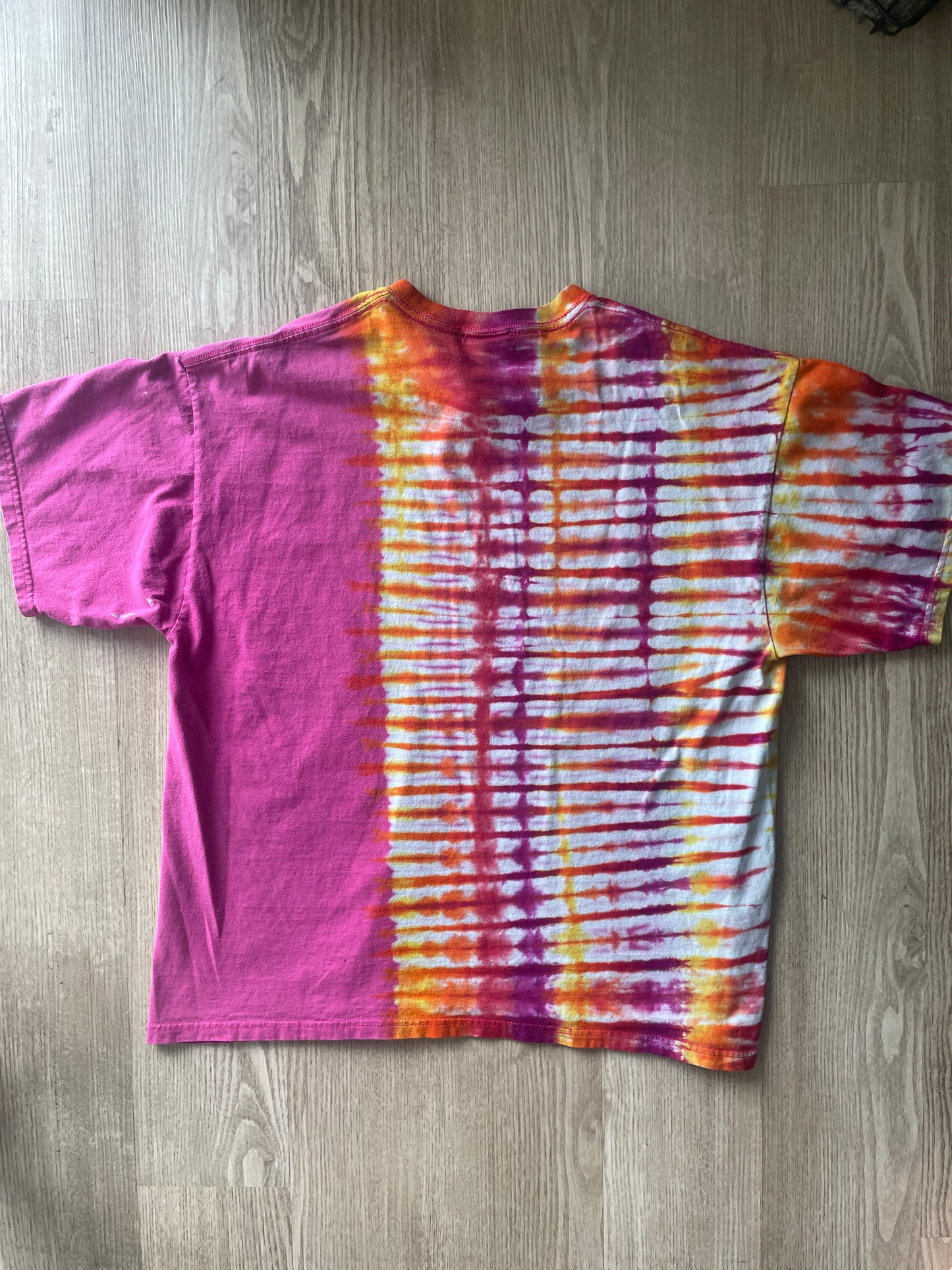 XL Men’s Wyoming Cowboys Handmade Tie Dye T-Shirt | One-Of-a-Kind Pink and Orange/Yellow/Red/Purple Short Sleeve Shirt | Wyoming Gift
