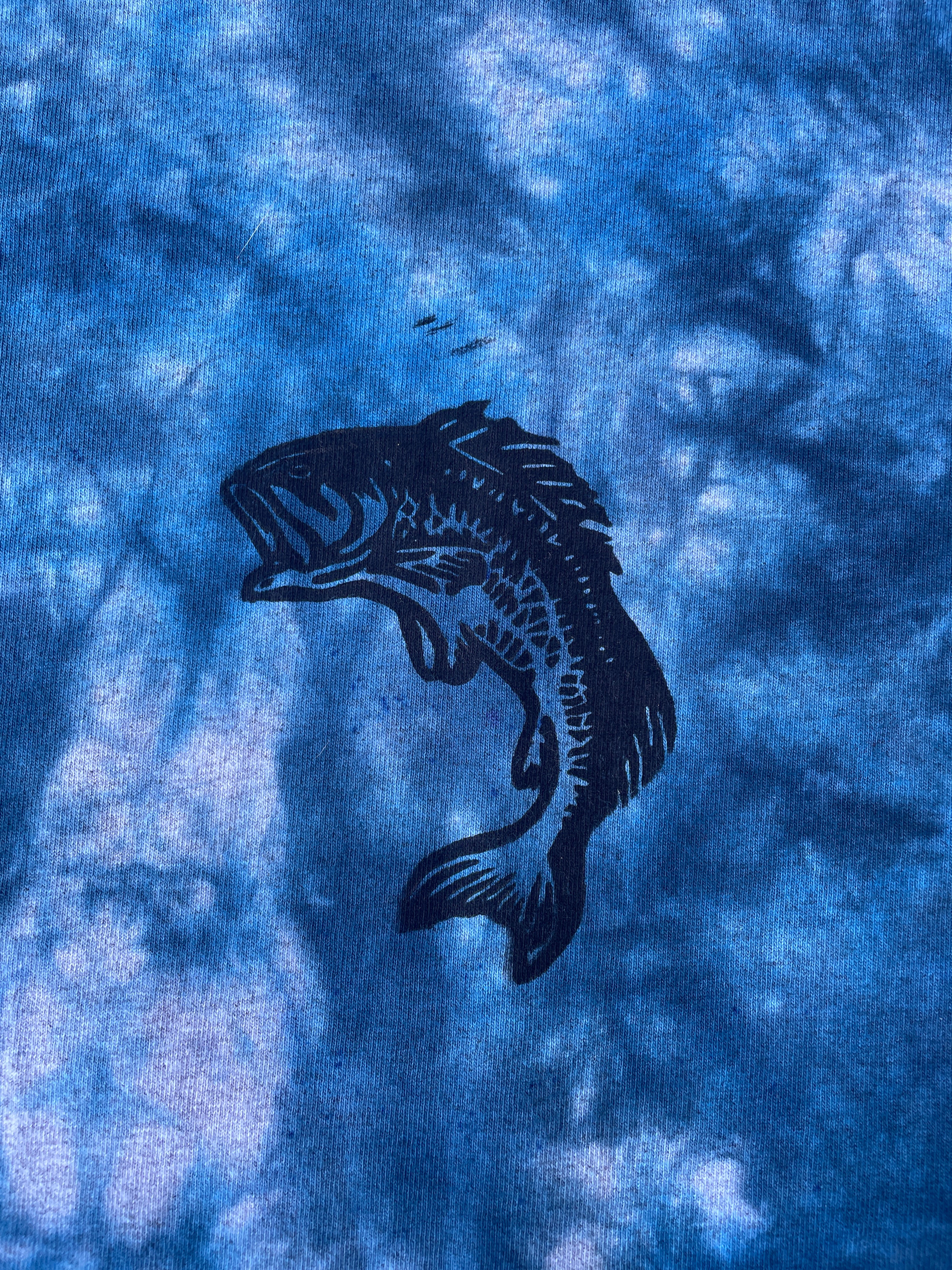 Carhartt Hand-Printed Largemouth Bass Blue and Gray Reverse Tie Dye Long Sleeve T-Shirt | Men's Size Small