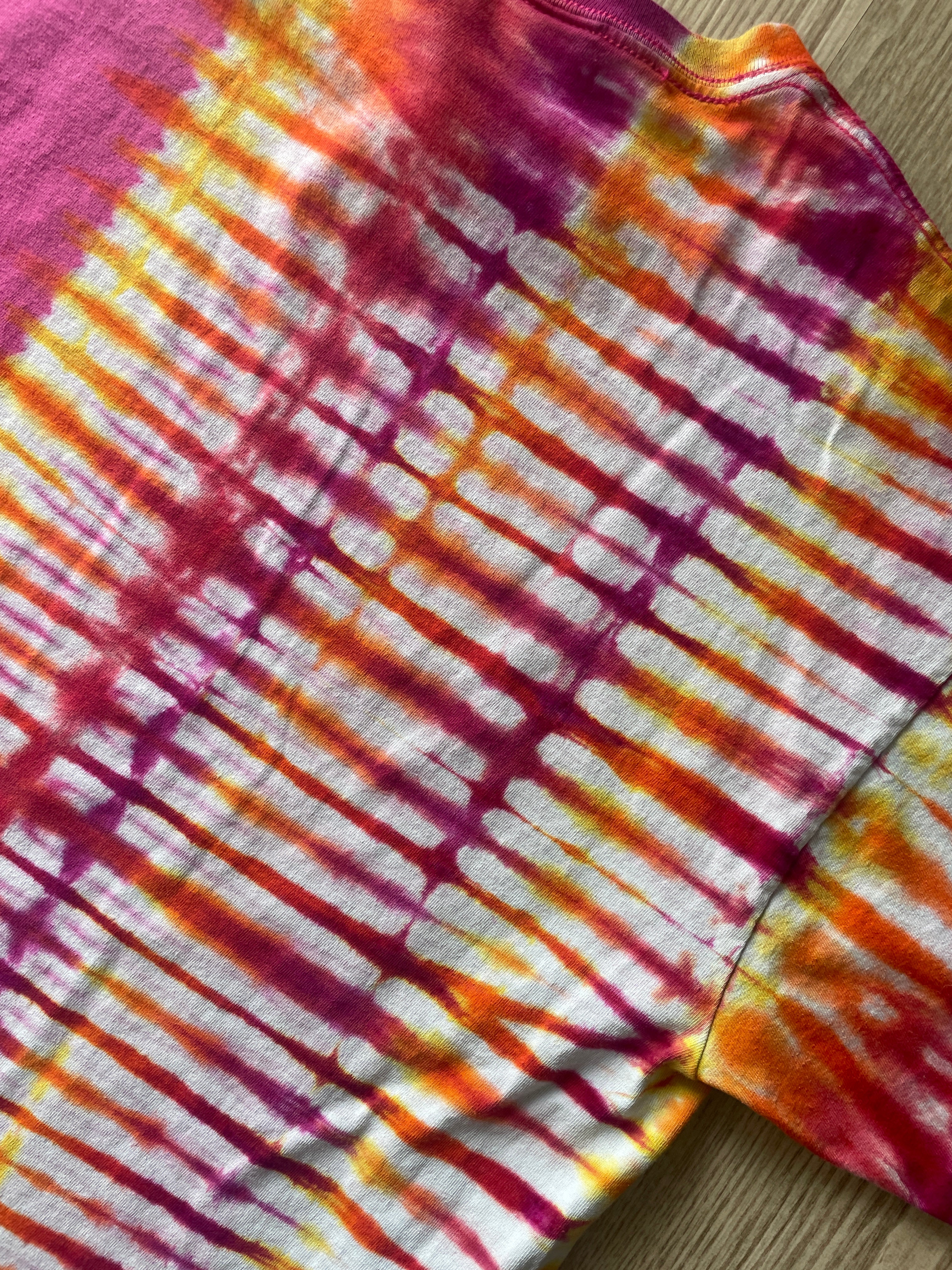 XL Men’s Wyoming Cowboys Handmade Tie Dye T-Shirt | One-Of-a-Kind Pink and Orange/Yellow/Red/Purple Short Sleeve Shirt | Wyoming Gift