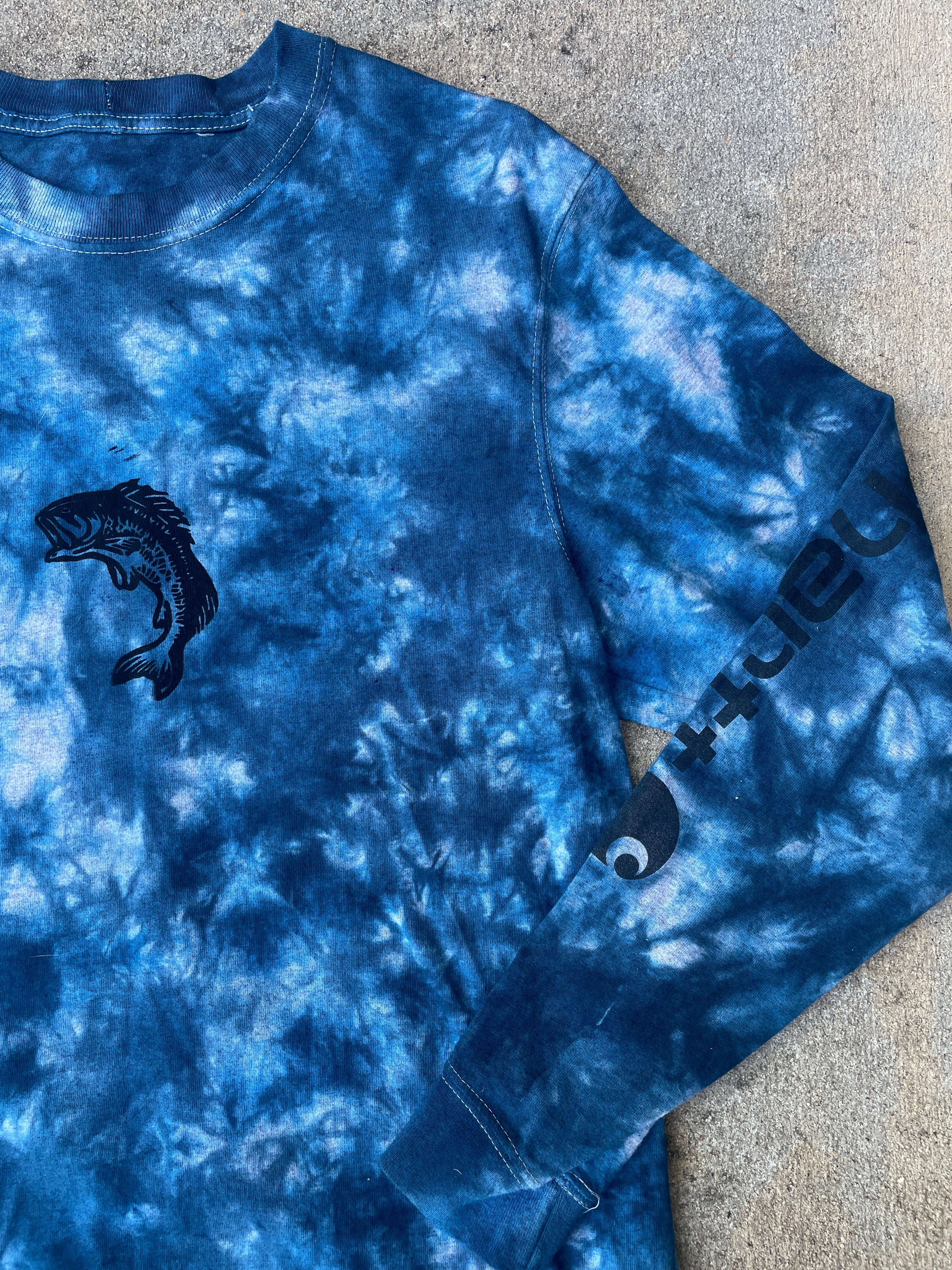 Carhartt Hand-Printed Largemouth Bass Blue and Gray Reverse Tie Dye Long Sleeve T-Shirt | Men's Size Small