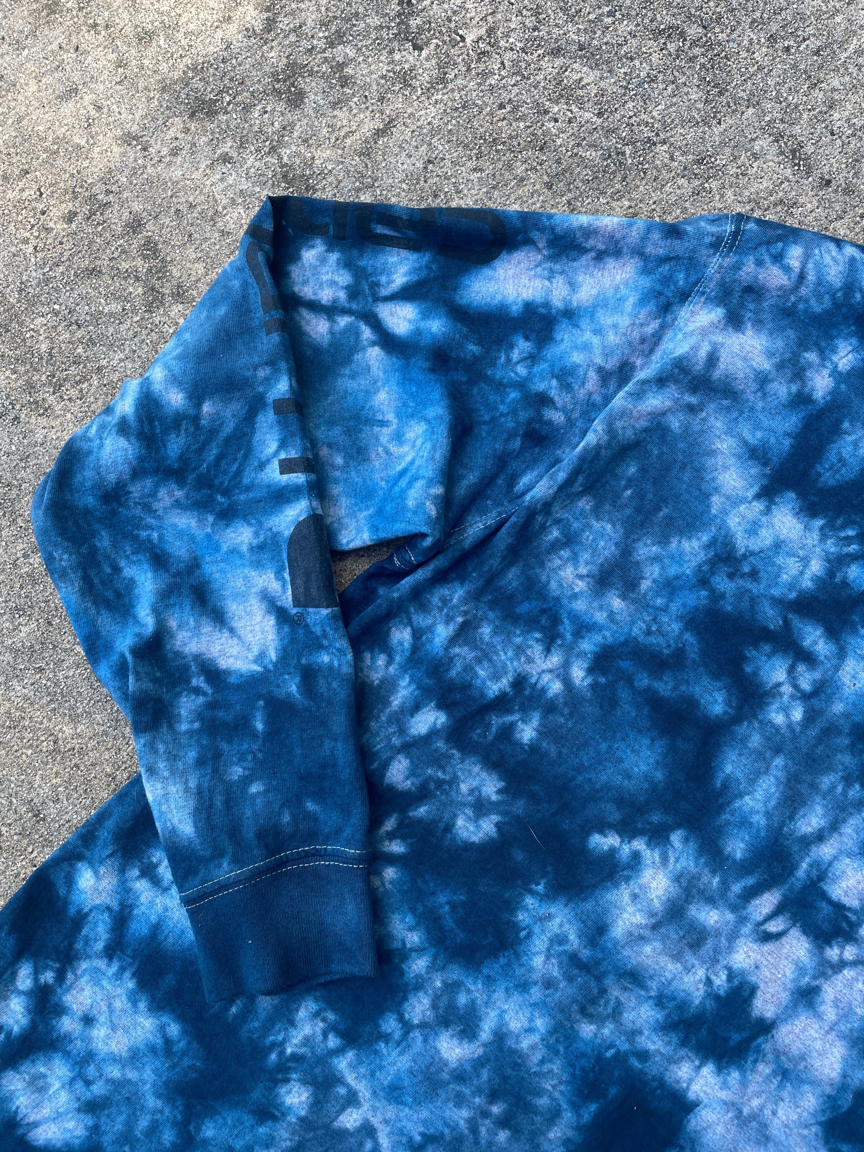 Carhartt Hand-Printed Largemouth Bass Blue and Gray Reverse Tie Dye Long Sleeve T-Shirt | Men's Size Small