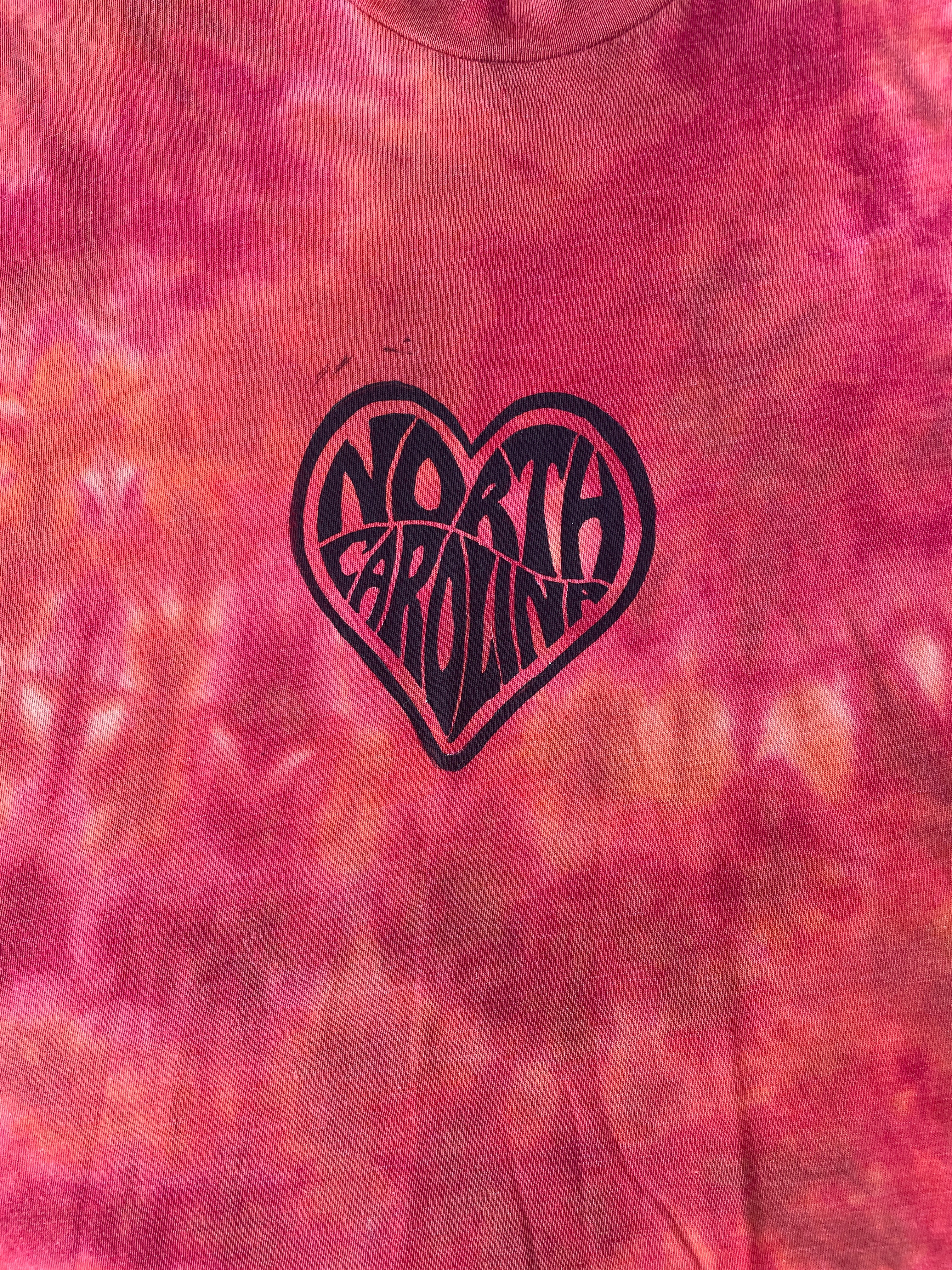 Hand-Printed Skeleton Peace Sign Red and Orange Reverse Tie Dye Short Sleeve T-Shirt | Men's Size Medium