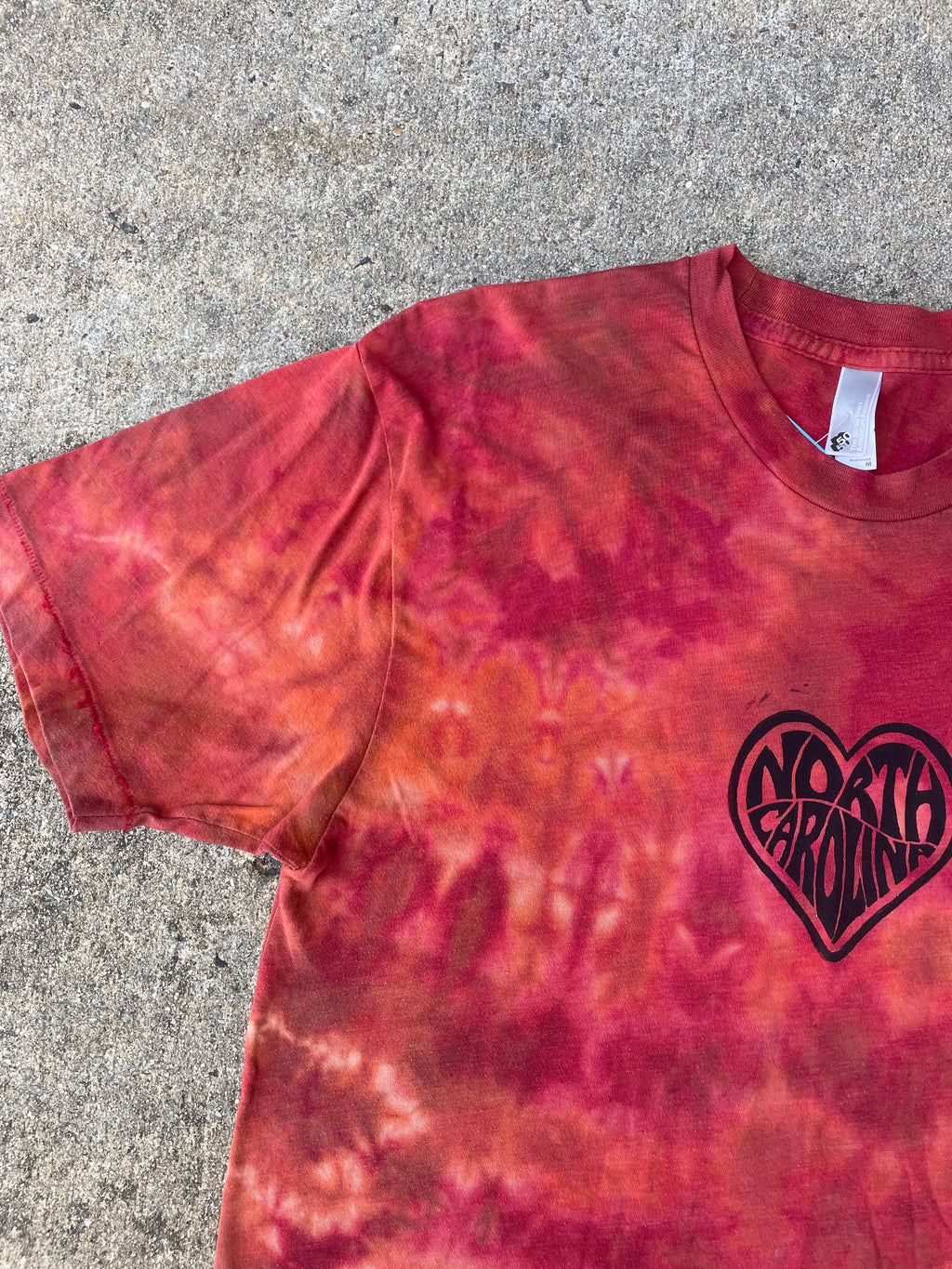 Hand-Printed Skeleton Peace Sign Red and Orange Reverse Tie Dye Short Sleeve T-Shirt | Men's Size Medium