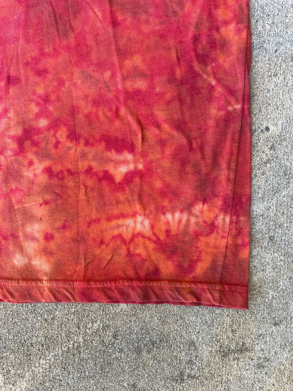 Hand-Printed Skeleton Peace Sign Red and Orange Reverse Tie Dye Short Sleeve T-Shirt | Men's Size Medium