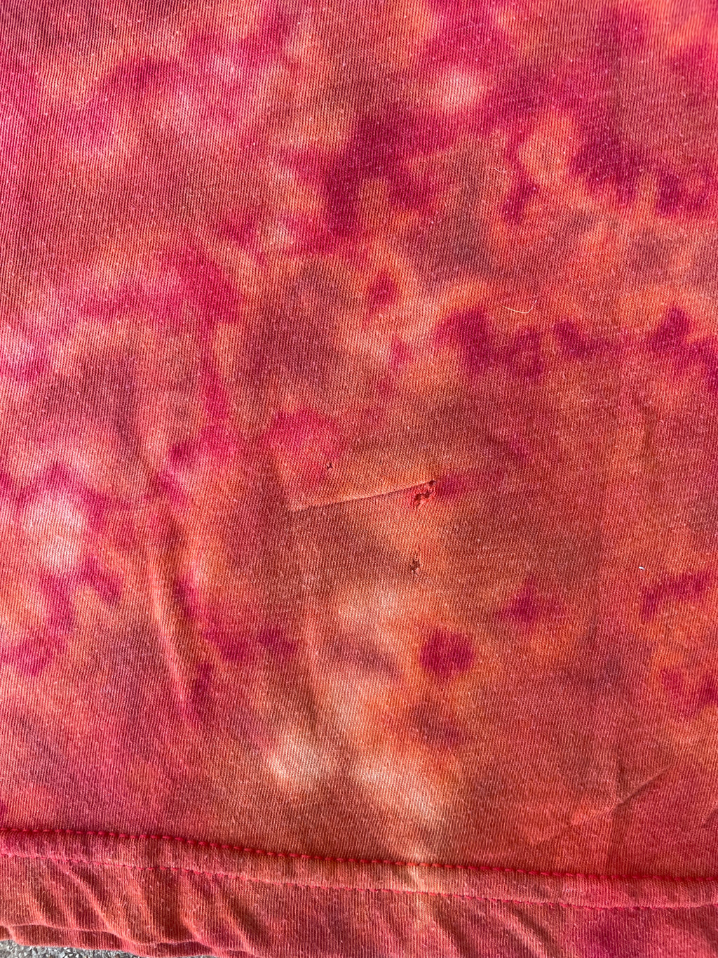 Hand-Printed Skeleton Peace Sign Red and Orange Reverse Tie Dye Short Sleeve T-Shirt | Men's Size Medium