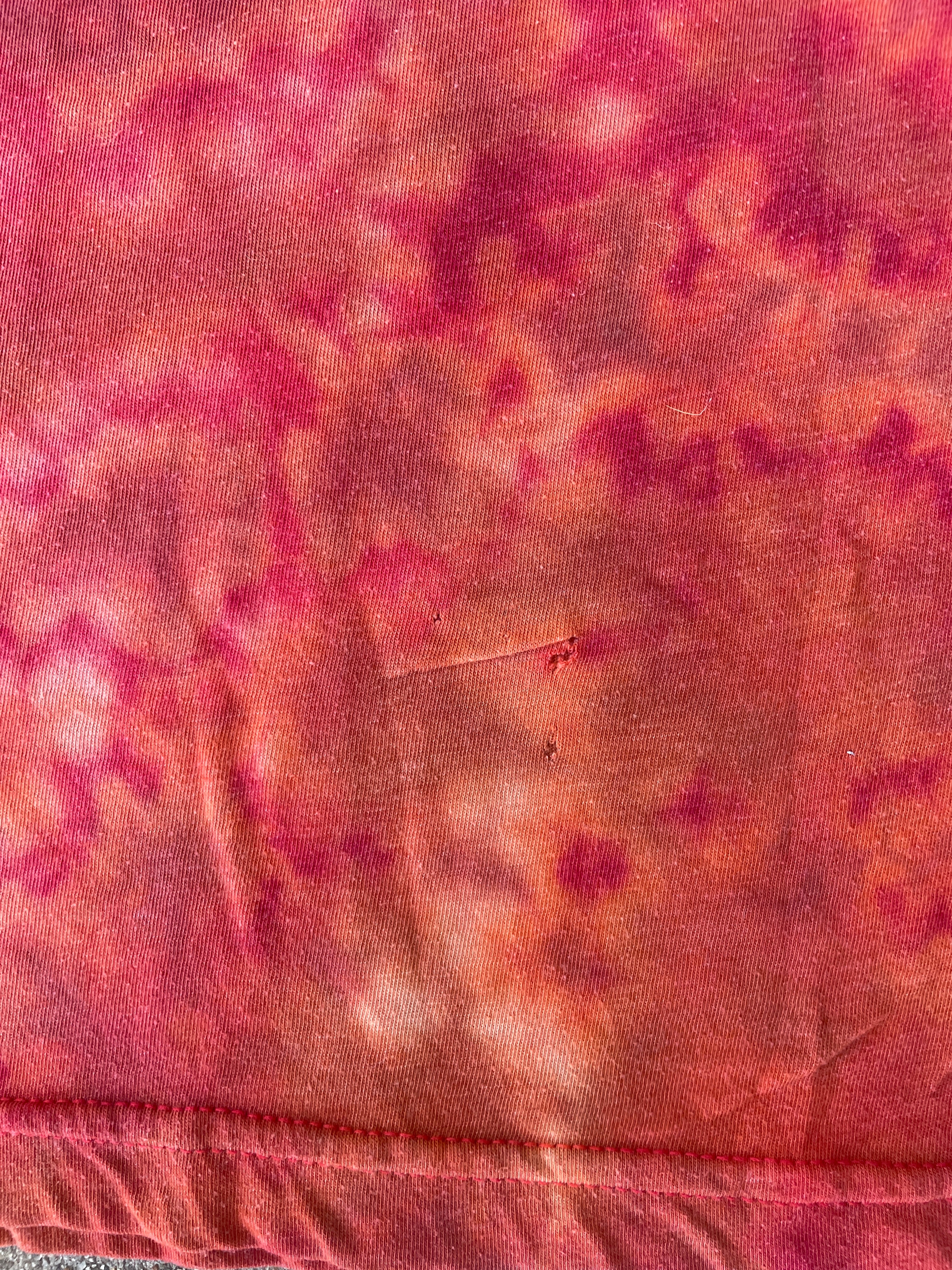 Hand-Printed Skeleton Peace Sign Red and Orange Reverse Tie Dye Short Sleeve T-Shirt | Men's Size Medium