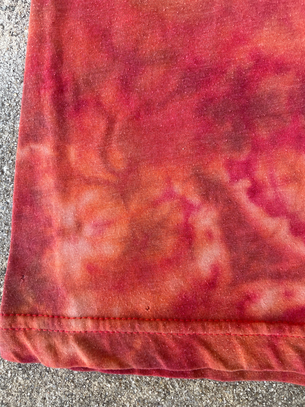 Hand-Printed Skeleton Peace Sign Red and Orange Reverse Tie Dye Short Sleeve T-Shirt | Men's Size Medium