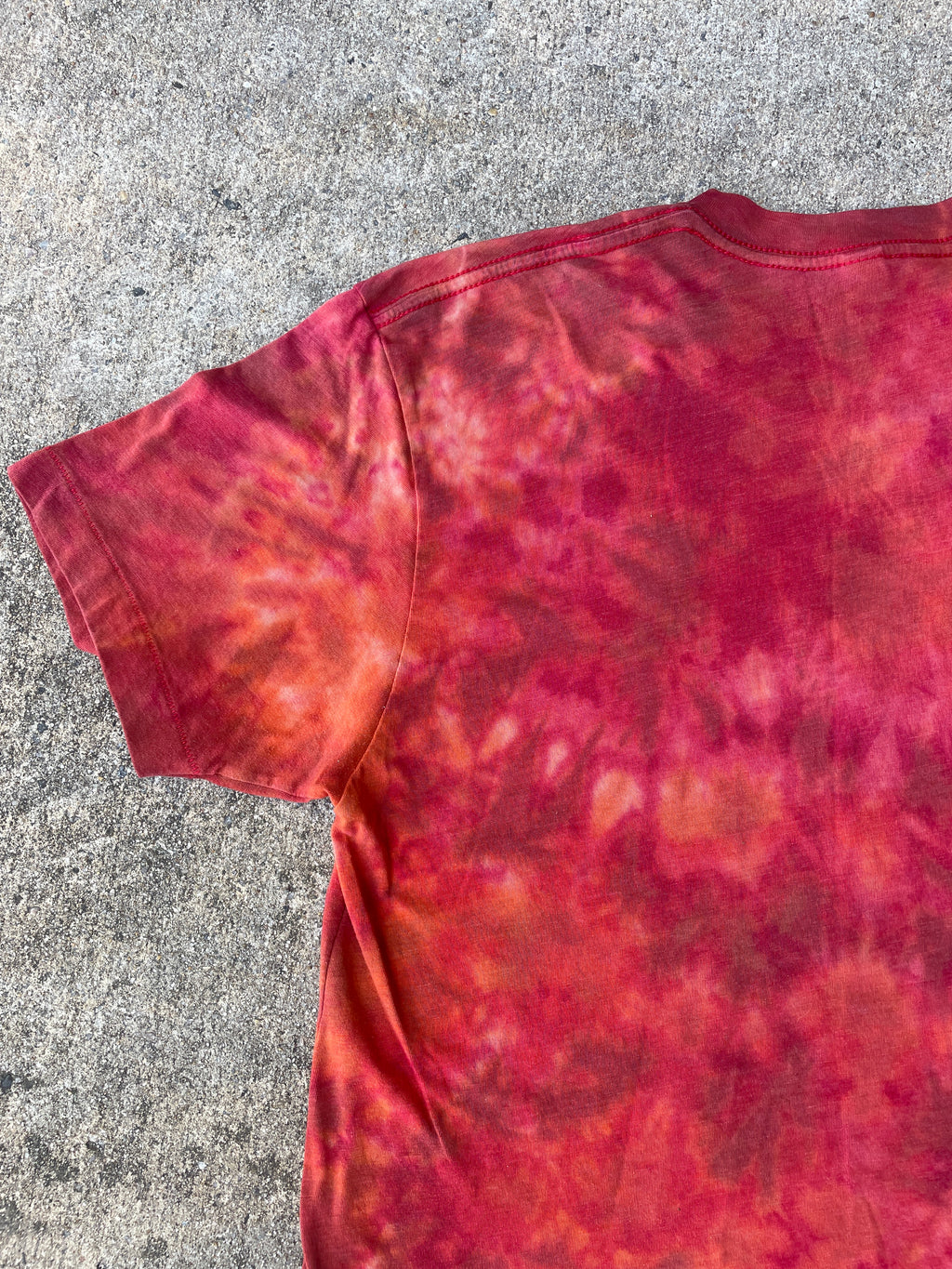 Hand-Printed Skeleton Peace Sign Red and Orange Reverse Tie Dye Short Sleeve T-Shirt | Men's Size Medium