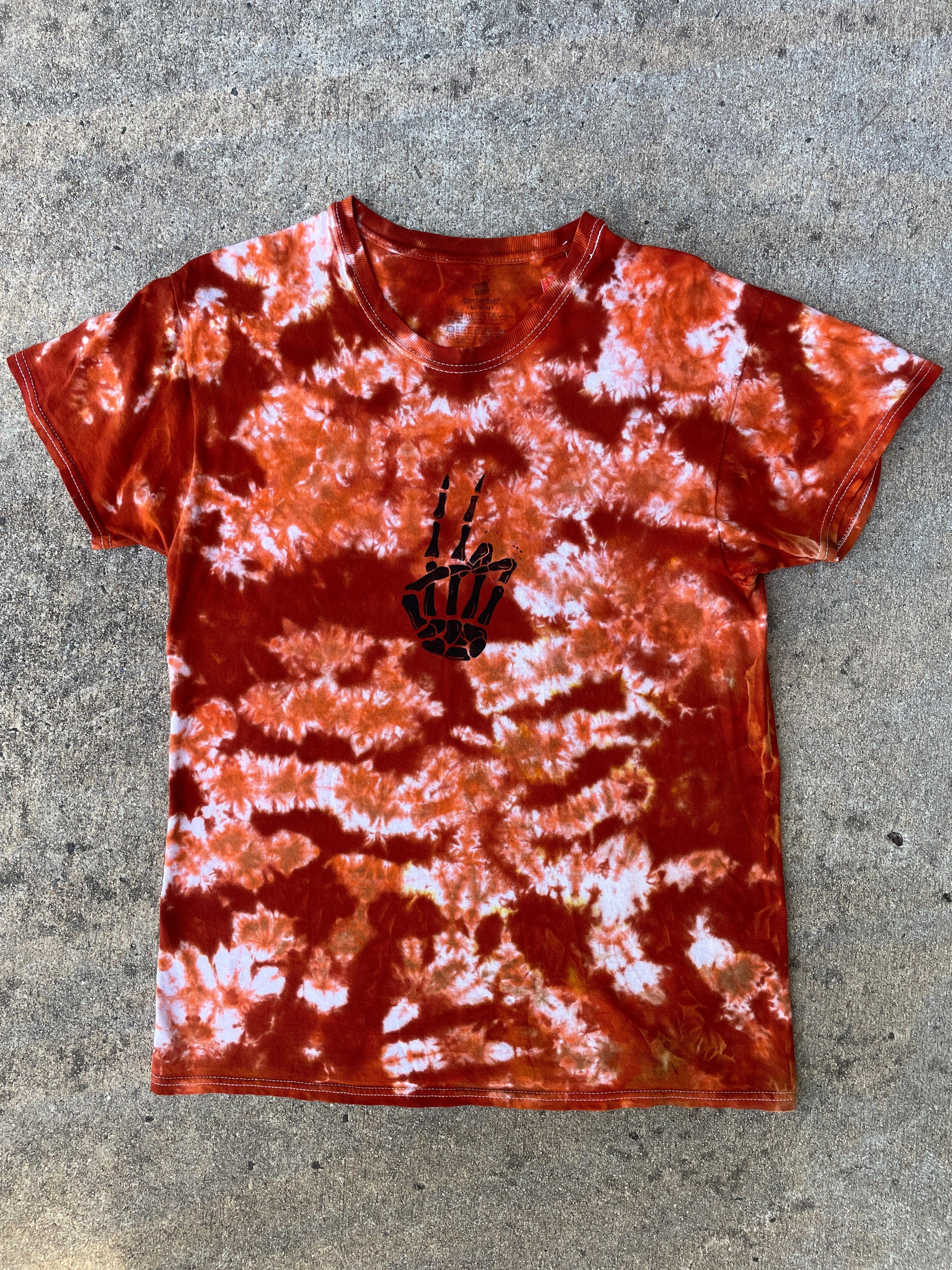 Hand-Printed Skeleton Peace Sign Orange and White Tie Dye Short Sleeve T-Shirt | Men's Size Medium