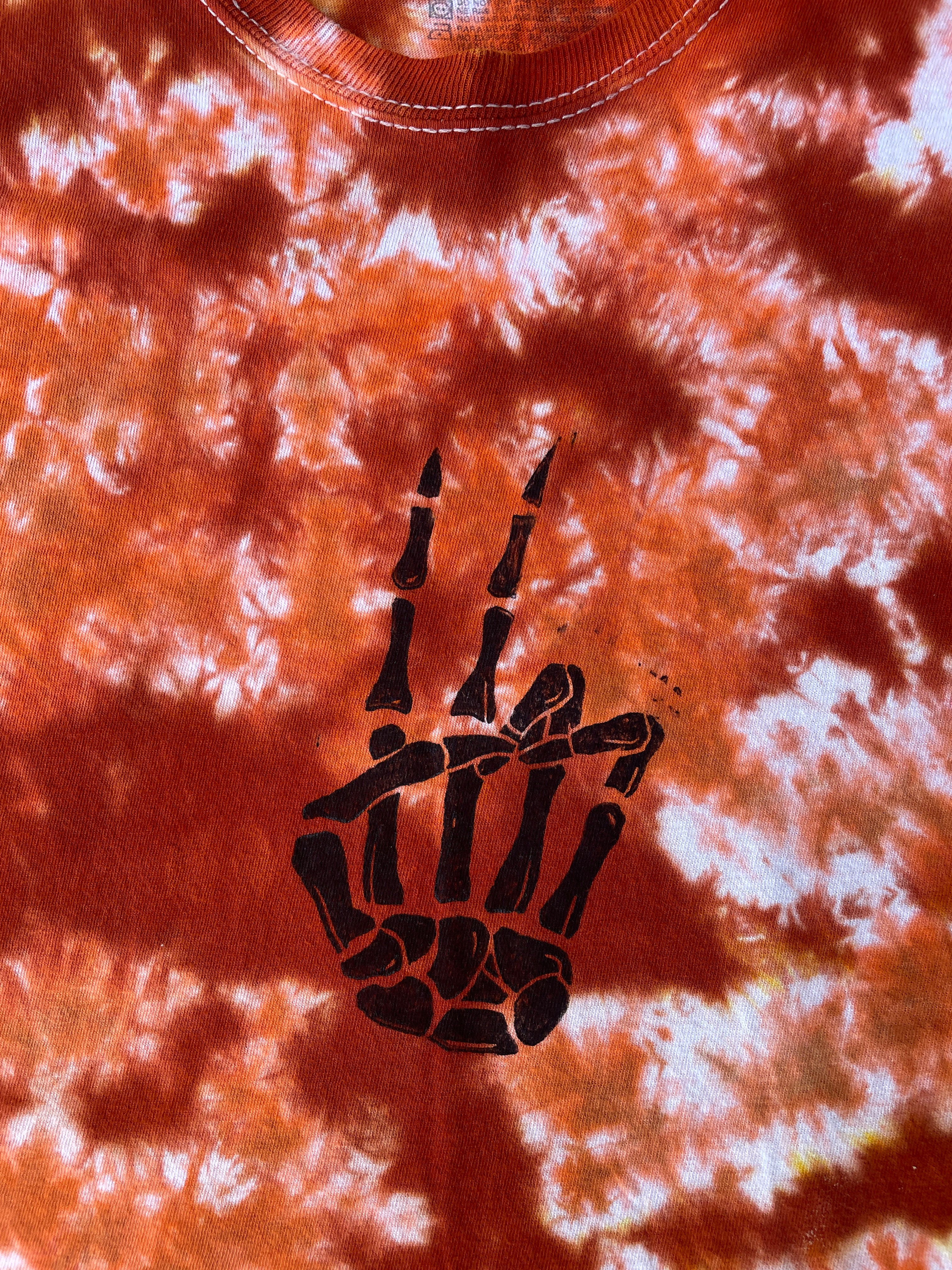 Hand-Printed Skeleton Peace Sign Orange and White Tie Dye Short Sleeve T-Shirt | Men's Size Medium