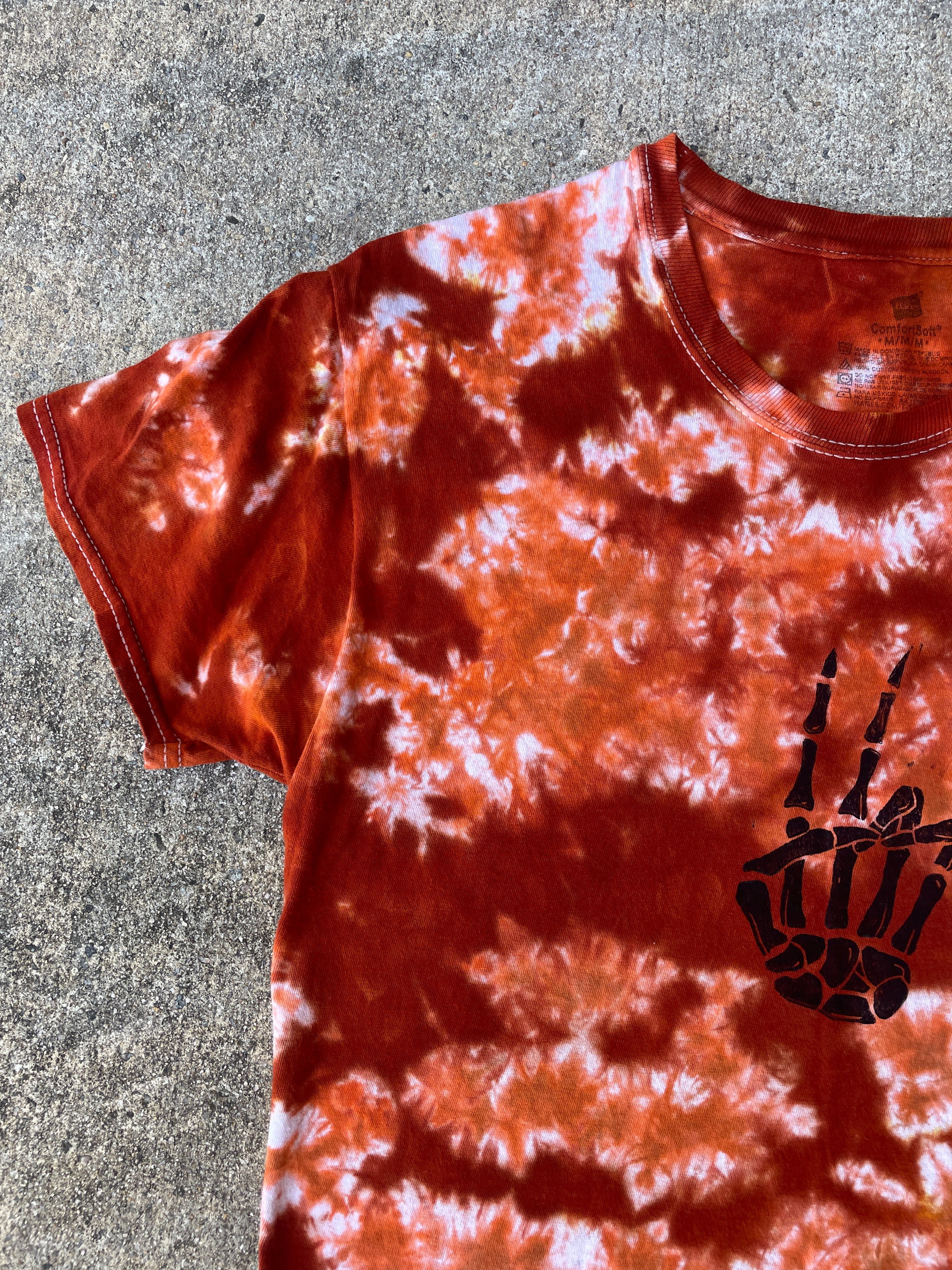 Hand-Printed Skeleton Peace Sign Orange and White Tie Dye Short Sleeve T-Shirt | Men's Size Medium