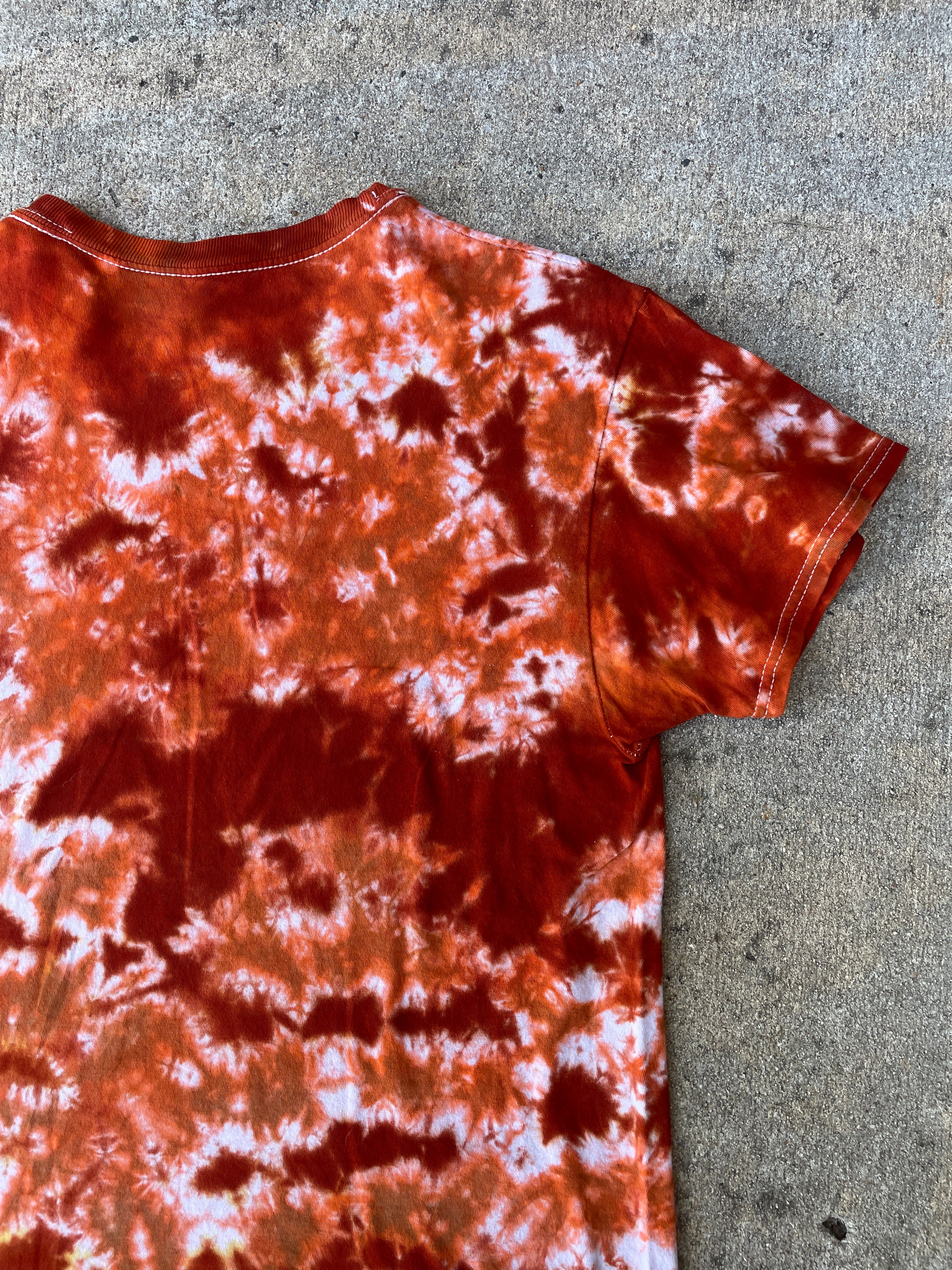 Hand-Printed Skeleton Peace Sign Orange and White Tie Dye Short Sleeve T-Shirt | Men's Size Medium