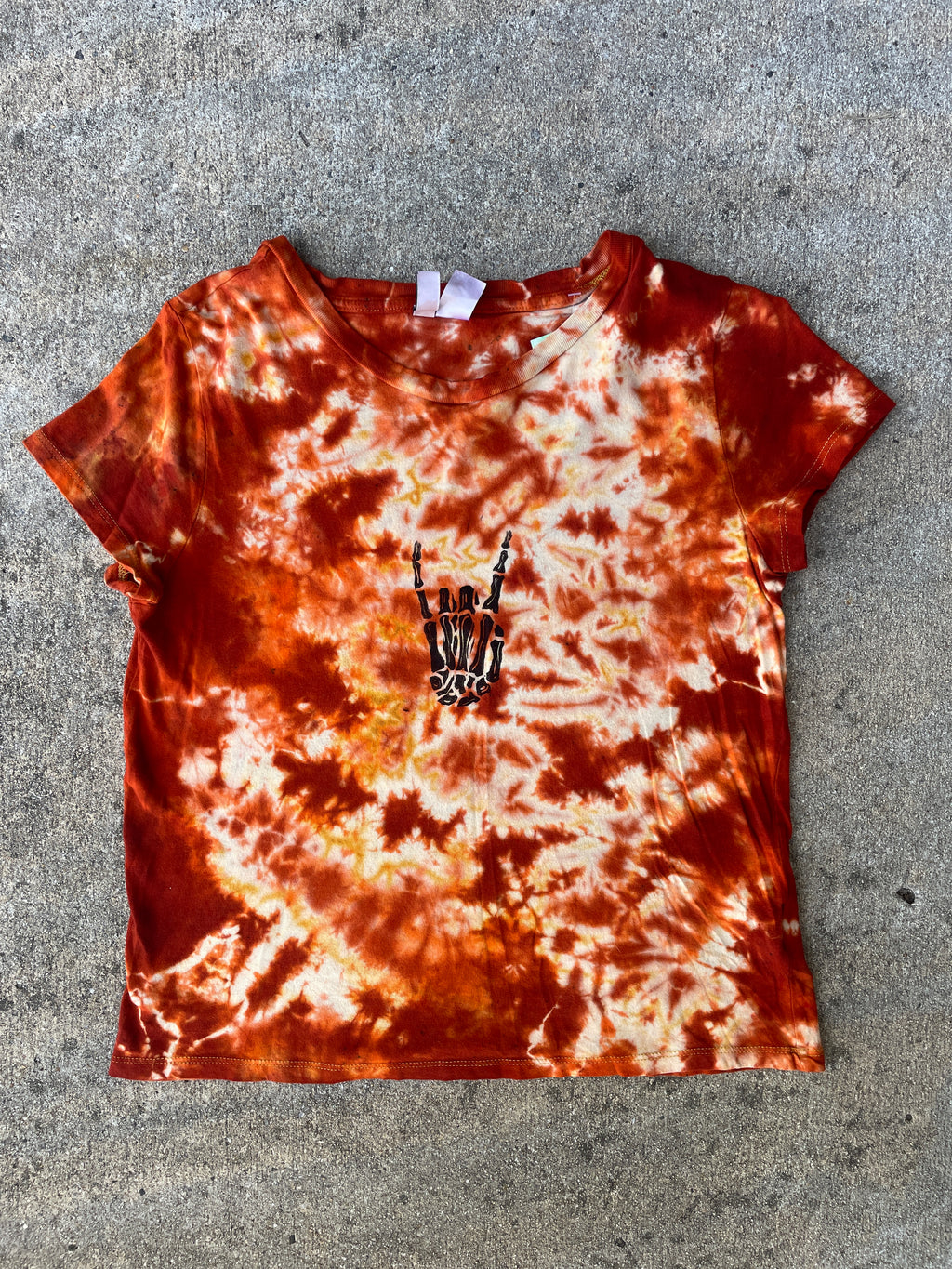 Hand-Printed Skeleton Rock On Orange and Yellow Reverse Tie Dye Short Sleeve T-Shirt | Junior's Size Medium