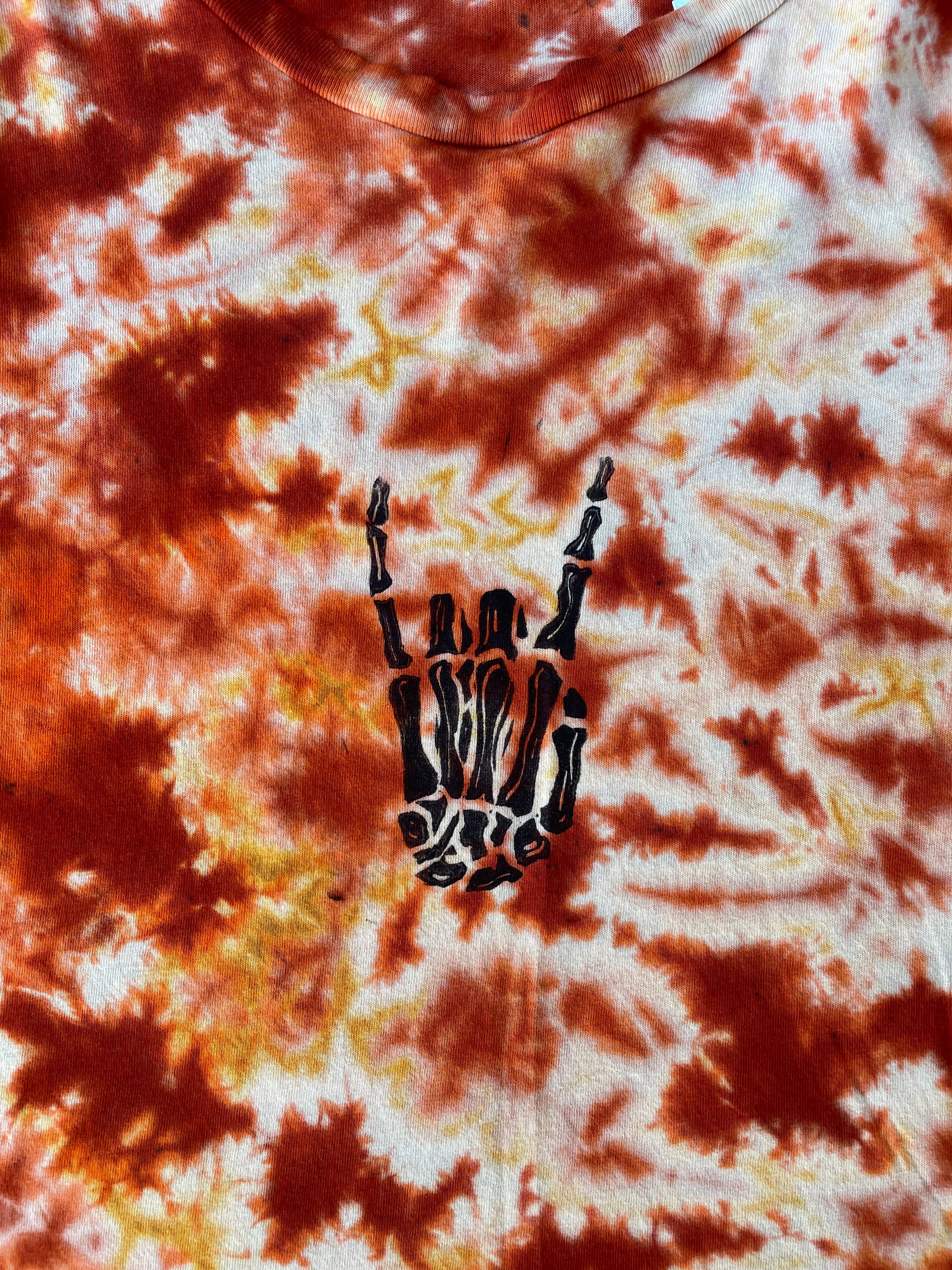 Hand-Printed Skeleton Rock On Orange and Yellow Reverse Tie Dye Short Sleeve T-Shirt | Junior's Size Medium
