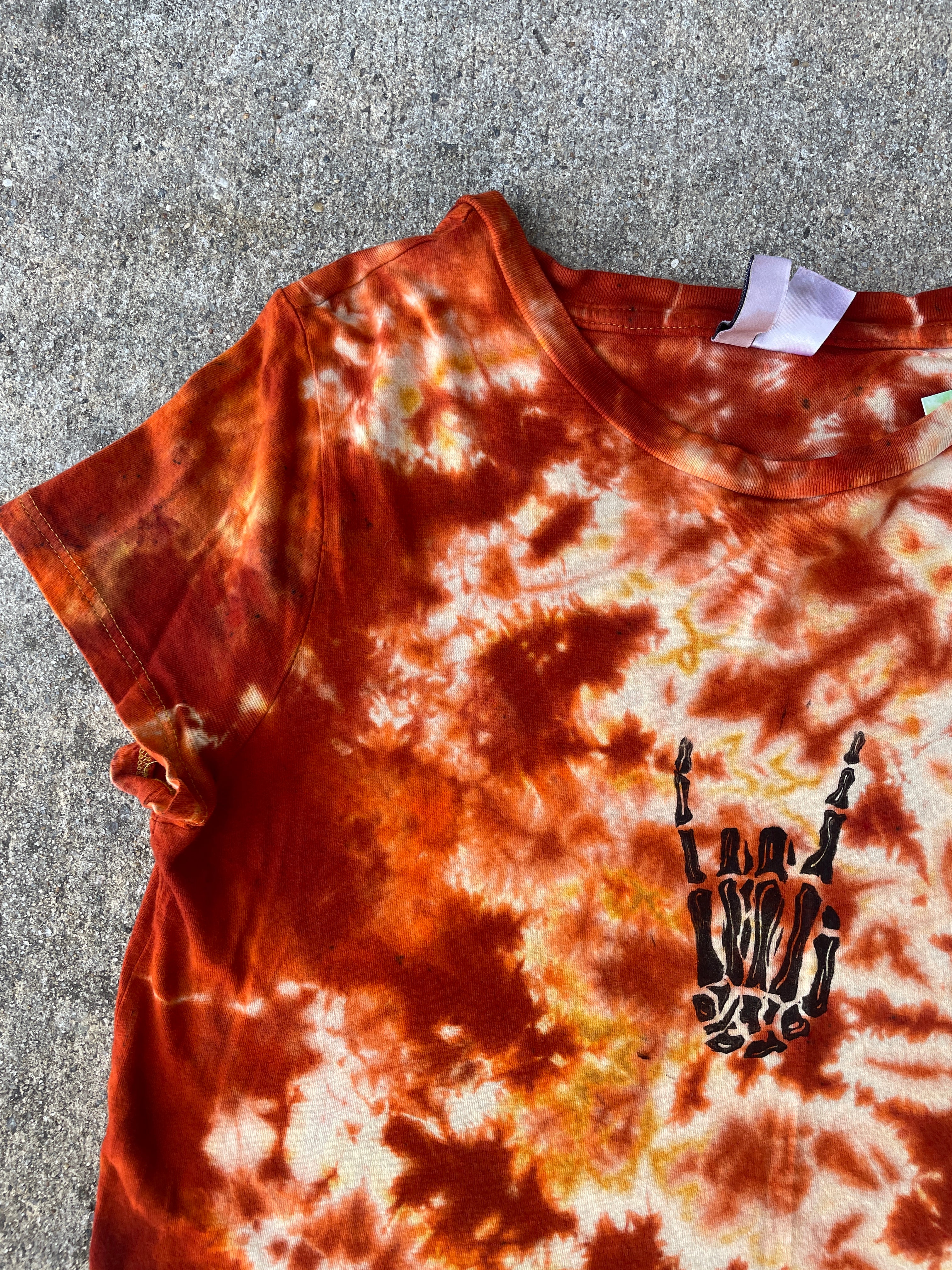 Hand-Printed Skeleton Rock On Orange and Yellow Reverse Tie Dye Short Sleeve T-Shirt | Junior's Size Medium