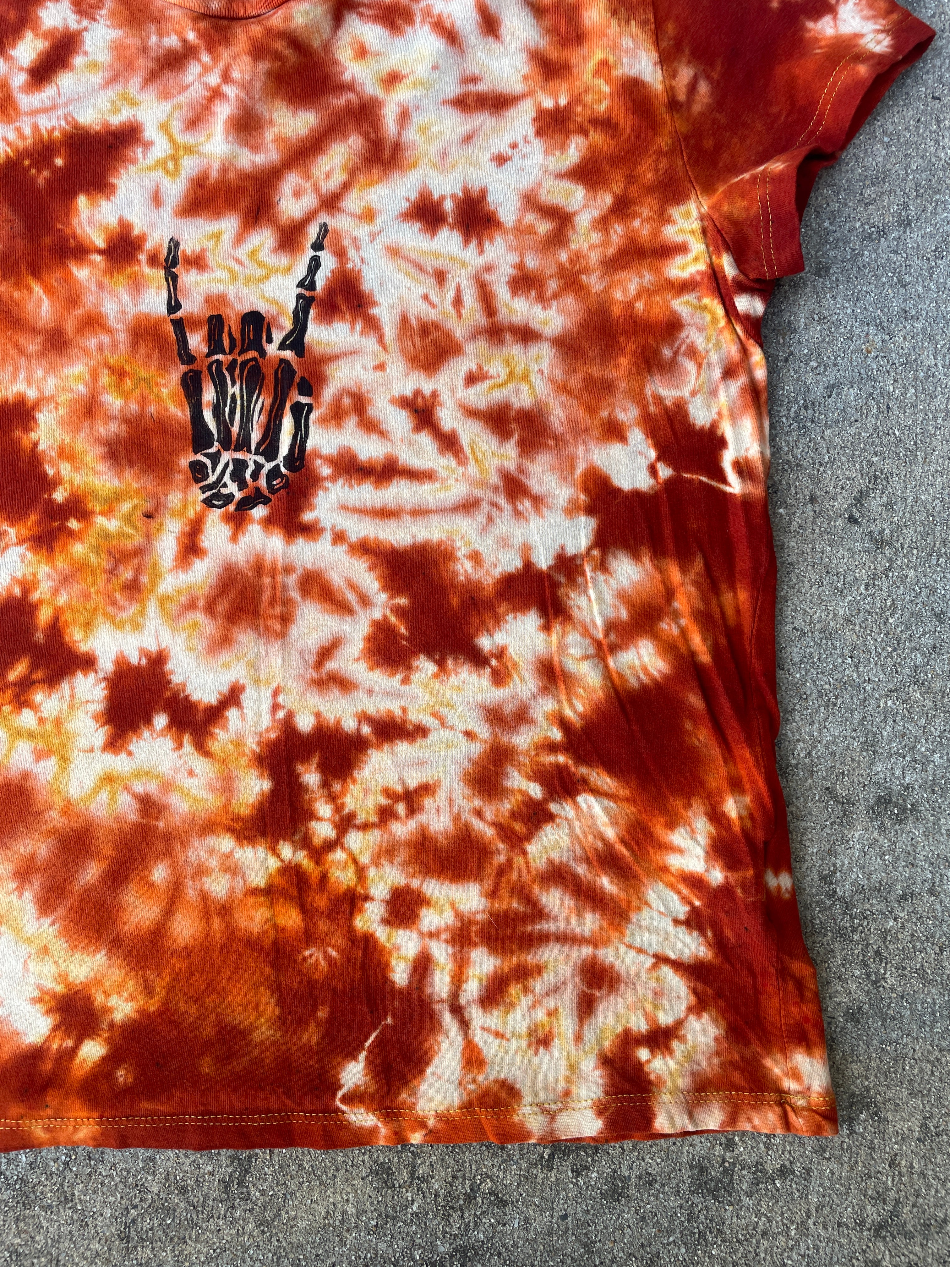Hand-Printed Skeleton Rock On Orange and Yellow Reverse Tie Dye Short Sleeve T-Shirt | Junior's Size Medium