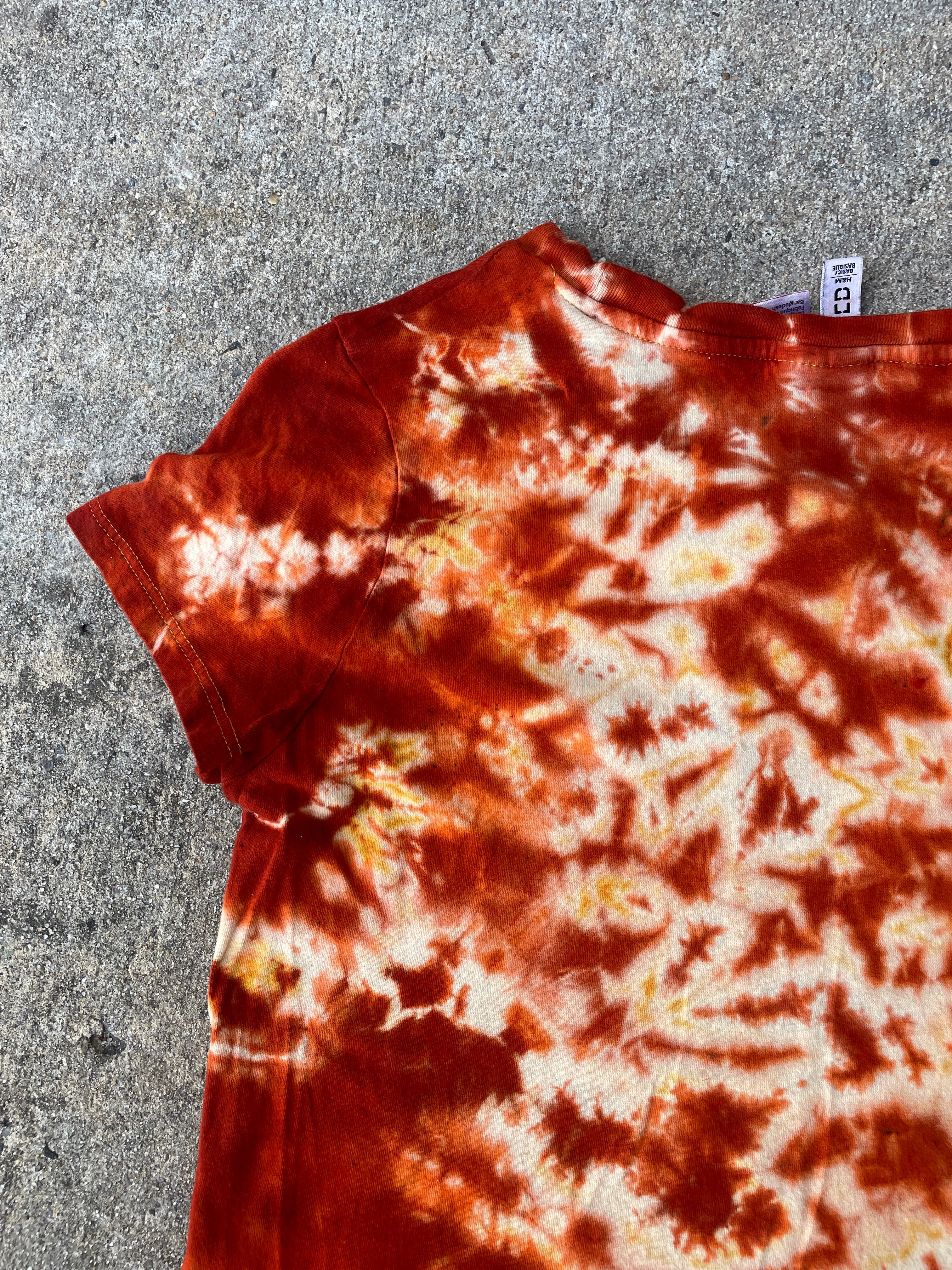 Hand-Printed Skeleton Rock On Orange and Yellow Reverse Tie Dye Short Sleeve T-Shirt | Junior's Size Medium