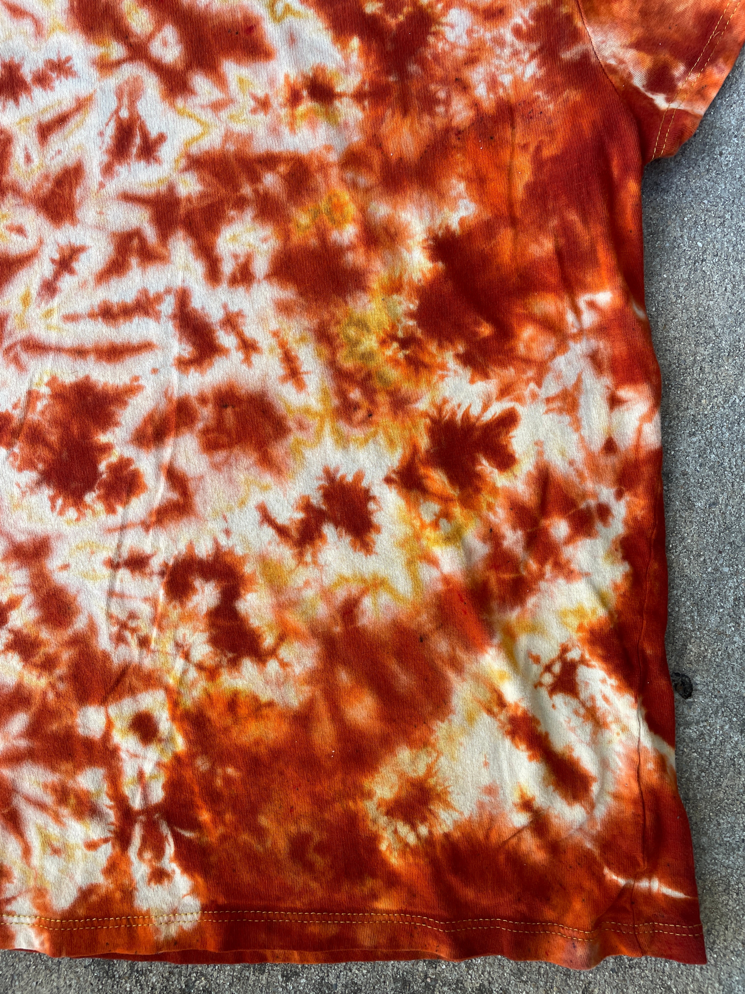 Hand-Printed Skeleton Rock On Orange and Yellow Reverse Tie Dye Short Sleeve T-Shirt | Junior's Size Medium