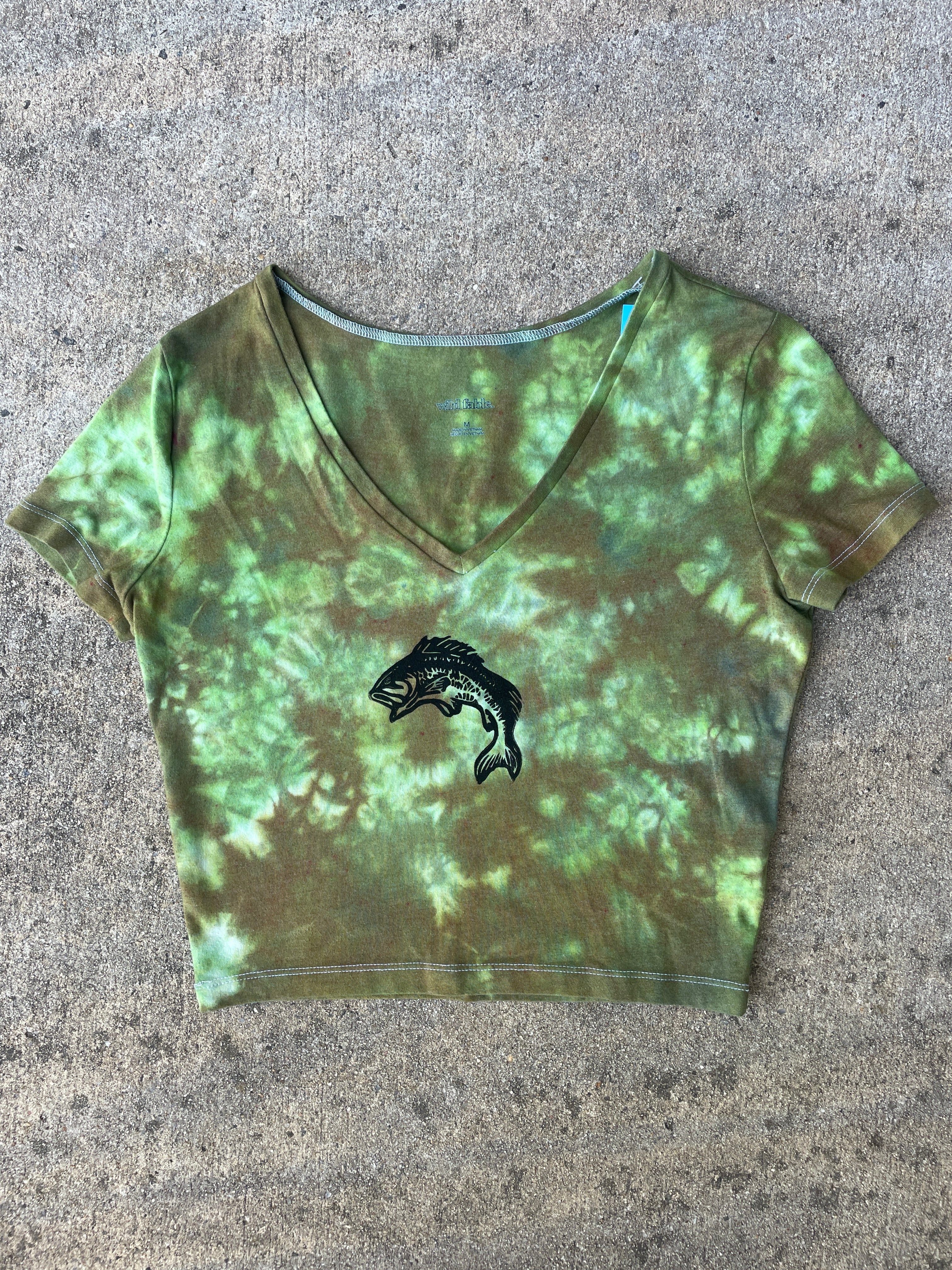 Hand-Printed Largemouth Bass Green and Brown Reverse Tie Dye Crop Top | Women's Size Medium