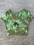 Hand-Printed Largemouth Bass Green and Brown Reverse Tie Dye Crop Top | Women's Size Medium