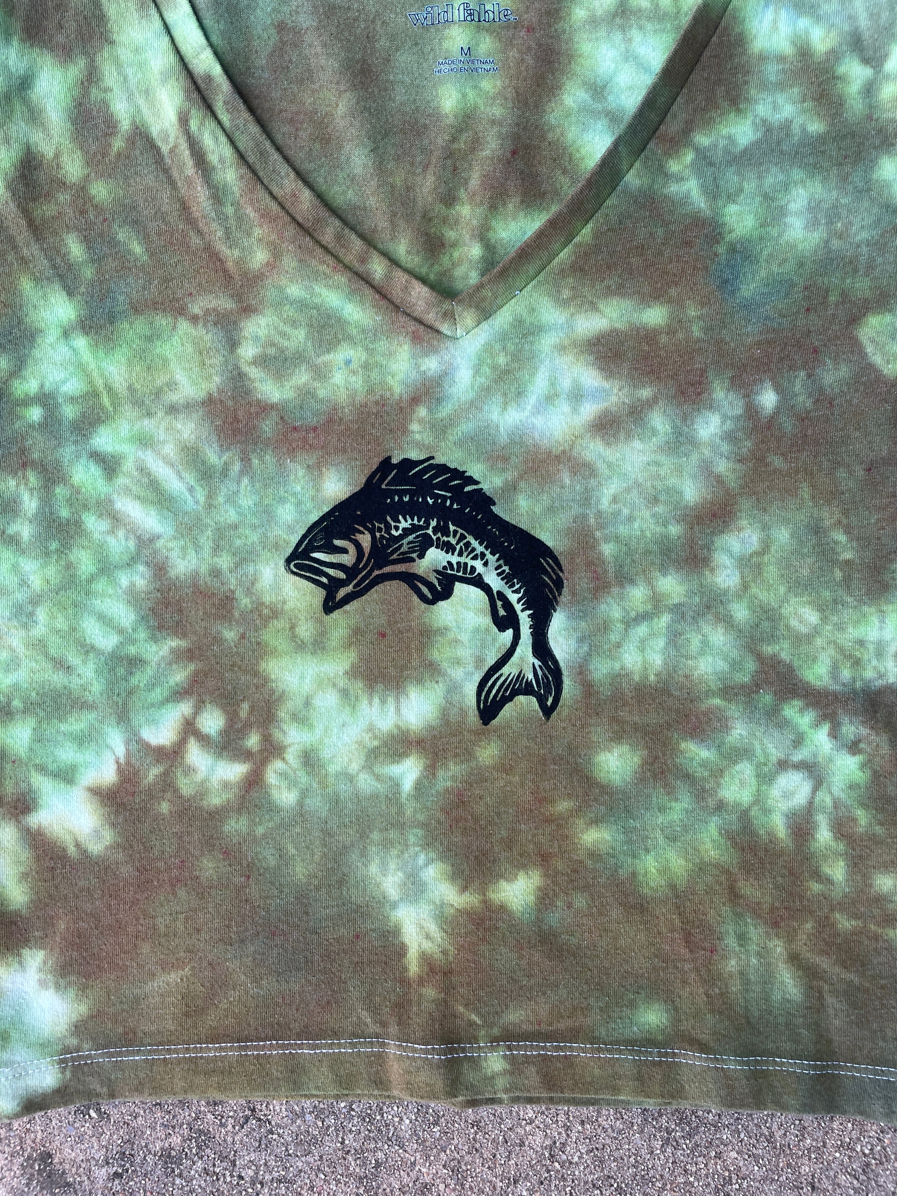 Hand-Printed Largemouth Bass Green and Brown Reverse Tie Dye Crop Top | Women's Size Medium