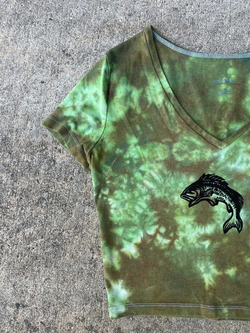 Hand-Printed Largemouth Bass Green and Brown Reverse Tie Dye Crop Top | Women's Size Medium