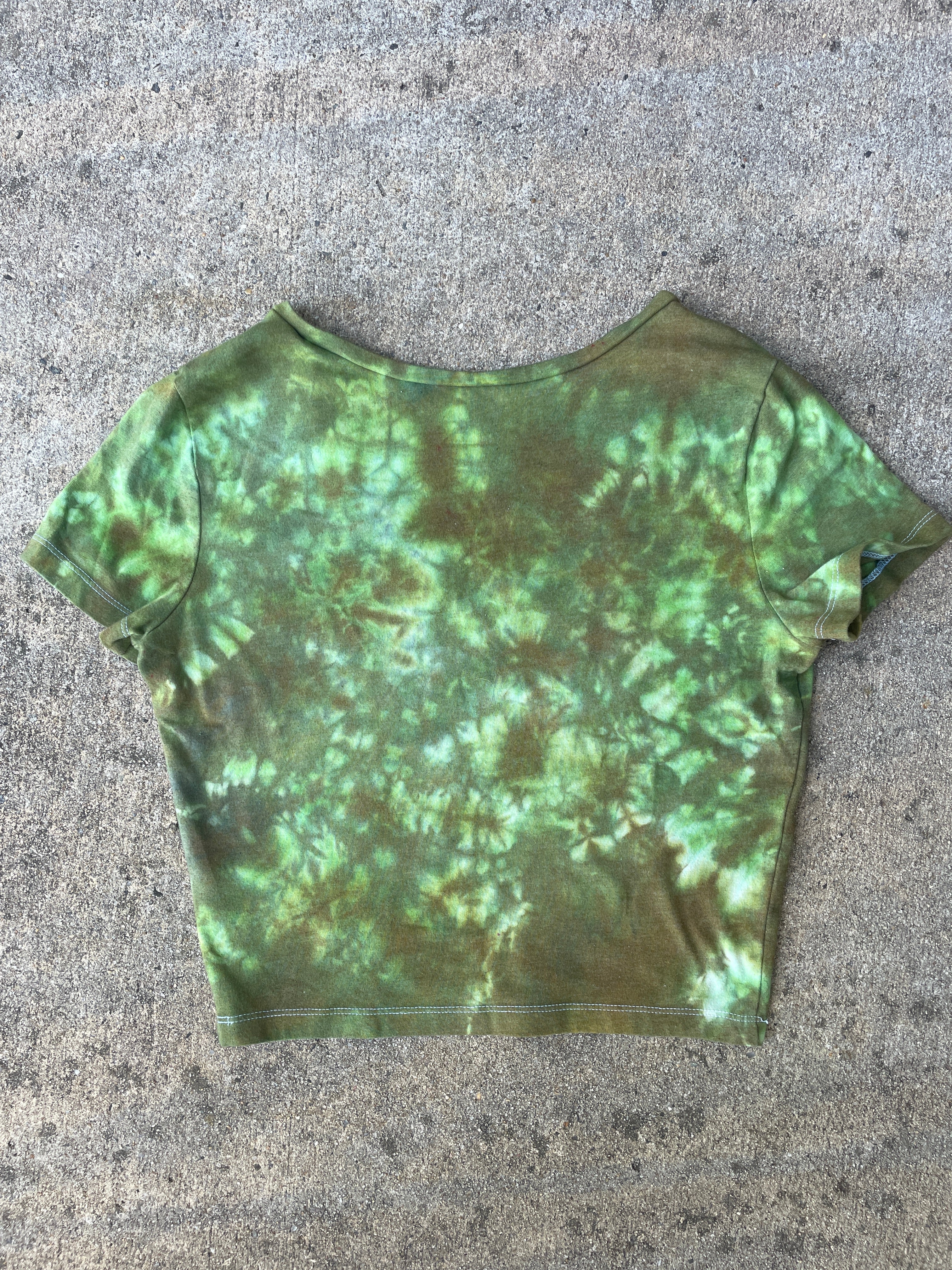 Hand-Printed Largemouth Bass Green and Brown Reverse Tie Dye Crop Top | Women's Size Medium