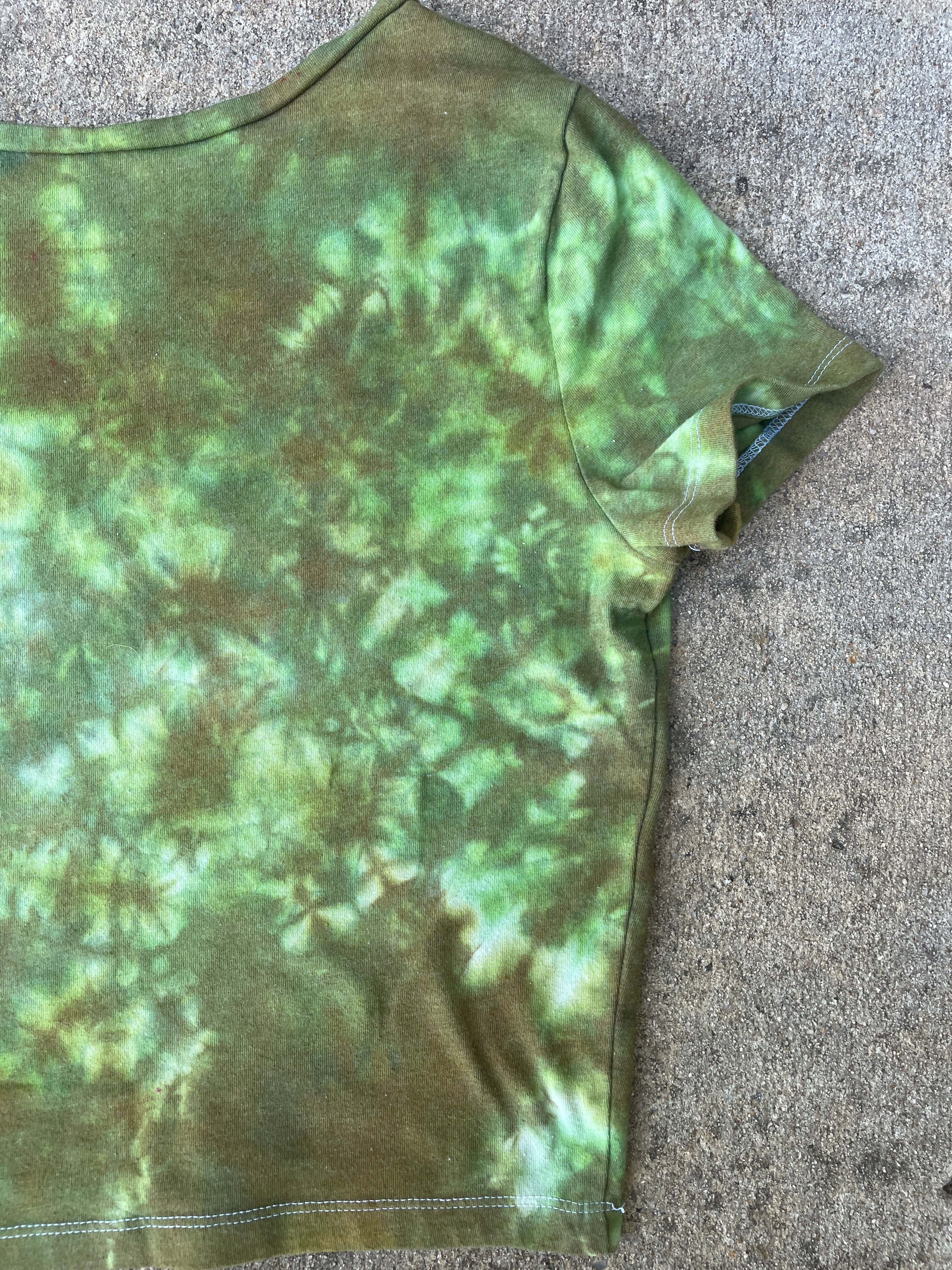 Hand-Printed Largemouth Bass Green and Brown Reverse Tie Dye Crop Top | Women's Size Medium