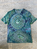 Hand-Printed Peace Sign Short Sleeve Blue and Green Geode Reverse Tie Dye T-Shirt | Men's Size Medium