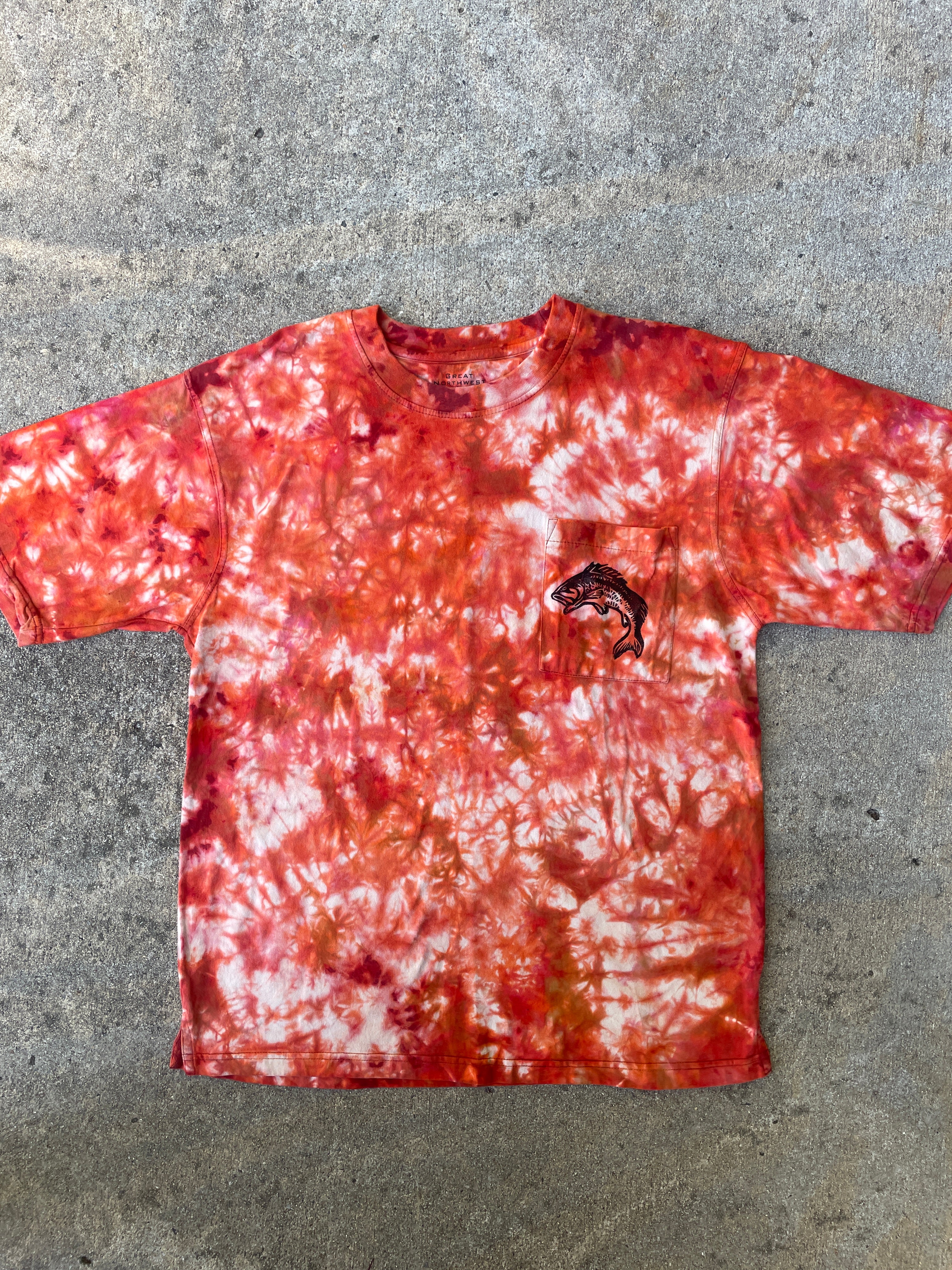 Hand-Printed Largemouth Bass Orange and Red Short Sleeve Tie Dye T-Shirt | Men's Size Large