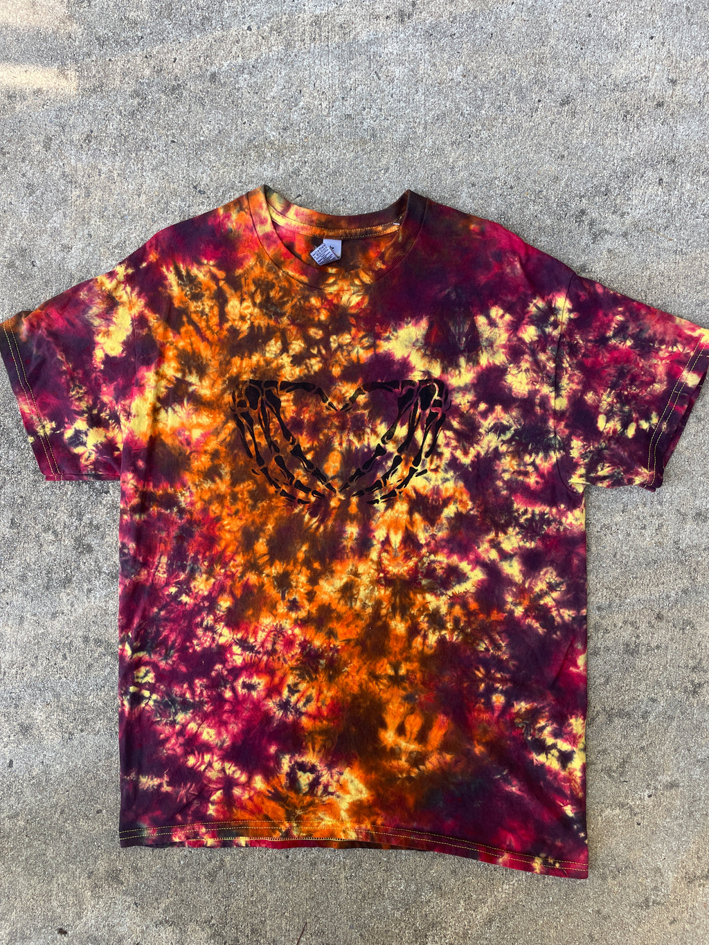 Hand-Printed Skeleton Heart Hands Orange, Yellow, and Black Tie Dye Short Sleeve T-Shirt | Men's Size Large