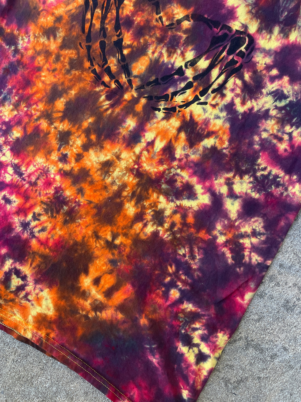 Hand-Printed Skeleton Heart Hands Orange, Yellow, and Black Tie Dye Short Sleeve T-Shirt | Men's Size Large
