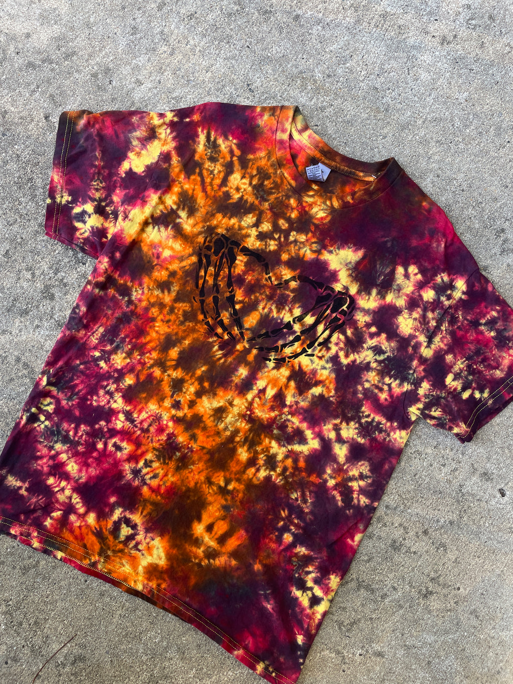 Hand-Printed Skeleton Heart Hands Orange, Yellow, and Black Tie Dye Short Sleeve T-Shirt | Men's Size Large