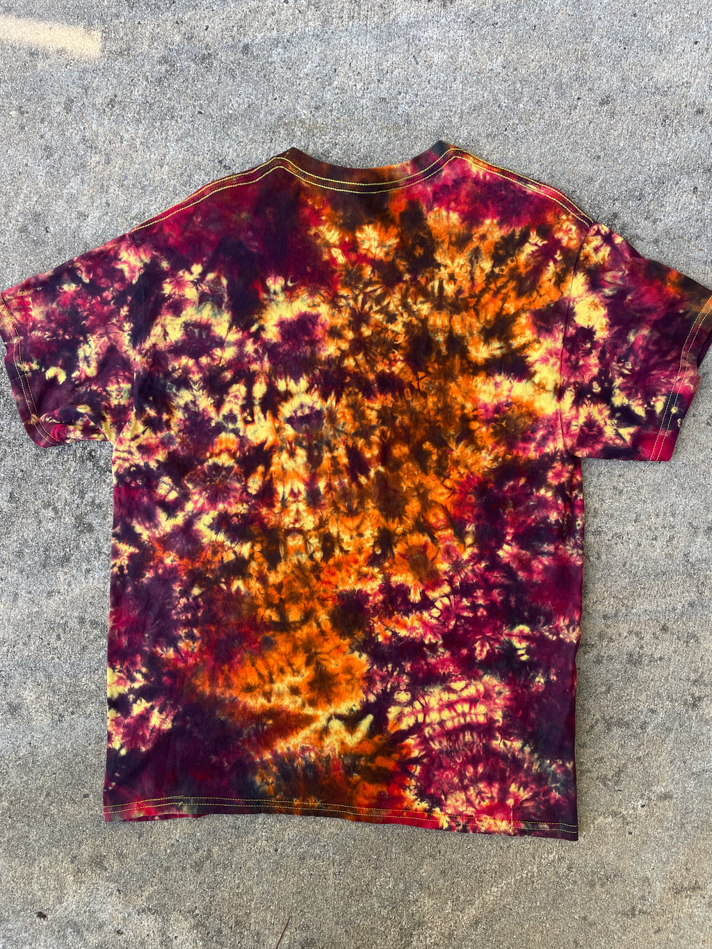 Hand-Printed Skeleton Heart Hands Orange, Yellow, and Black Tie Dye Short Sleeve T-Shirt | Men's Size Large