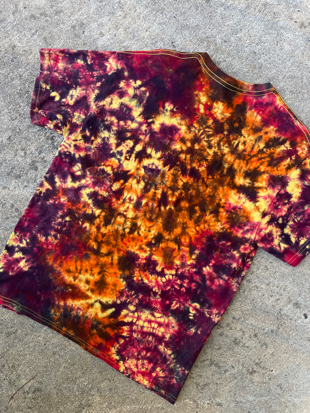 Hand-Printed Skeleton Heart Hands Orange, Yellow, and Black Tie Dye Short Sleeve T-Shirt | Men's Size Large