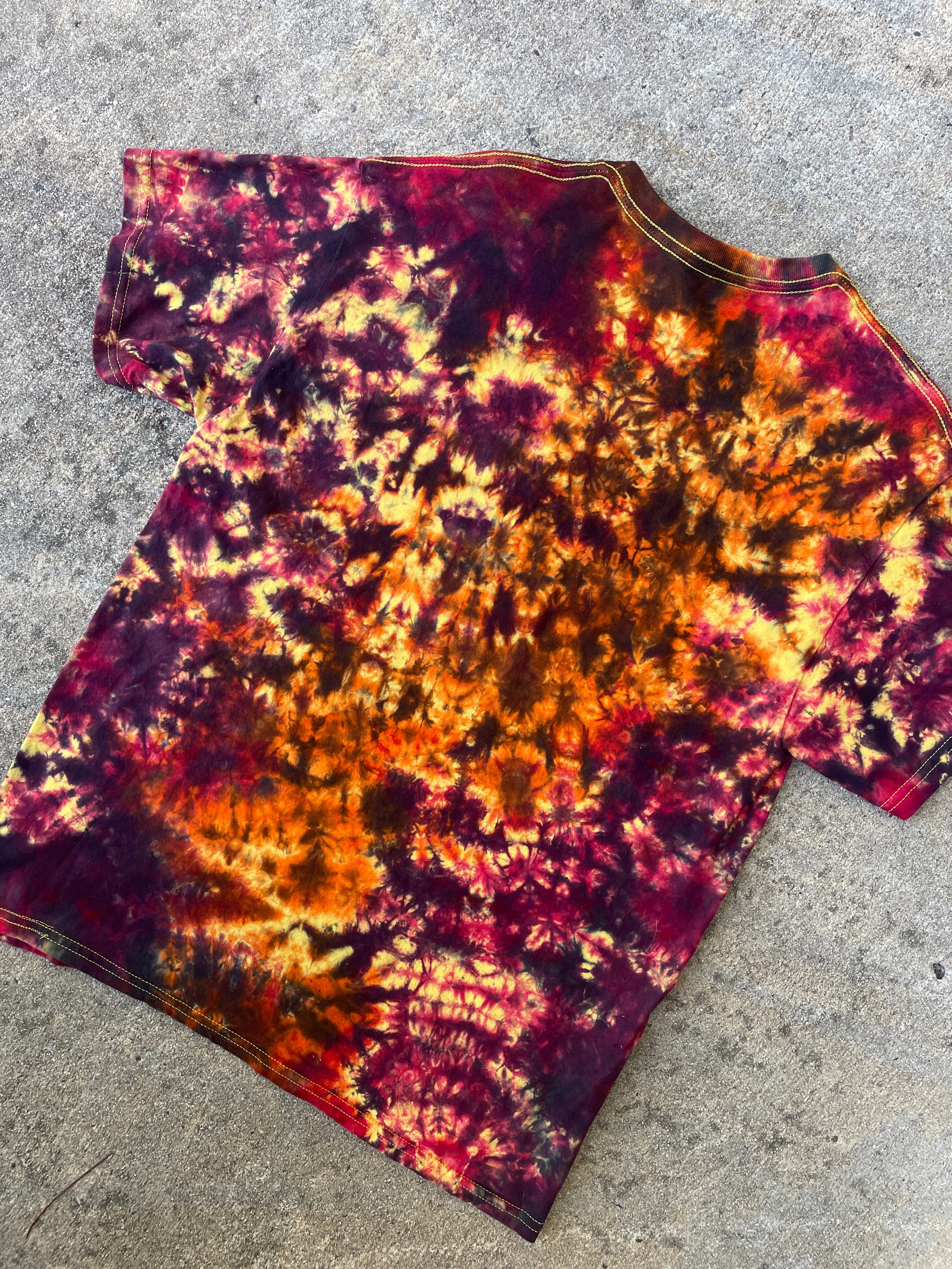 Hand-Printed Skeleton Heart Hands Orange, Yellow, and Black Tie Dye Short Sleeve T-Shirt | Men's Size Large