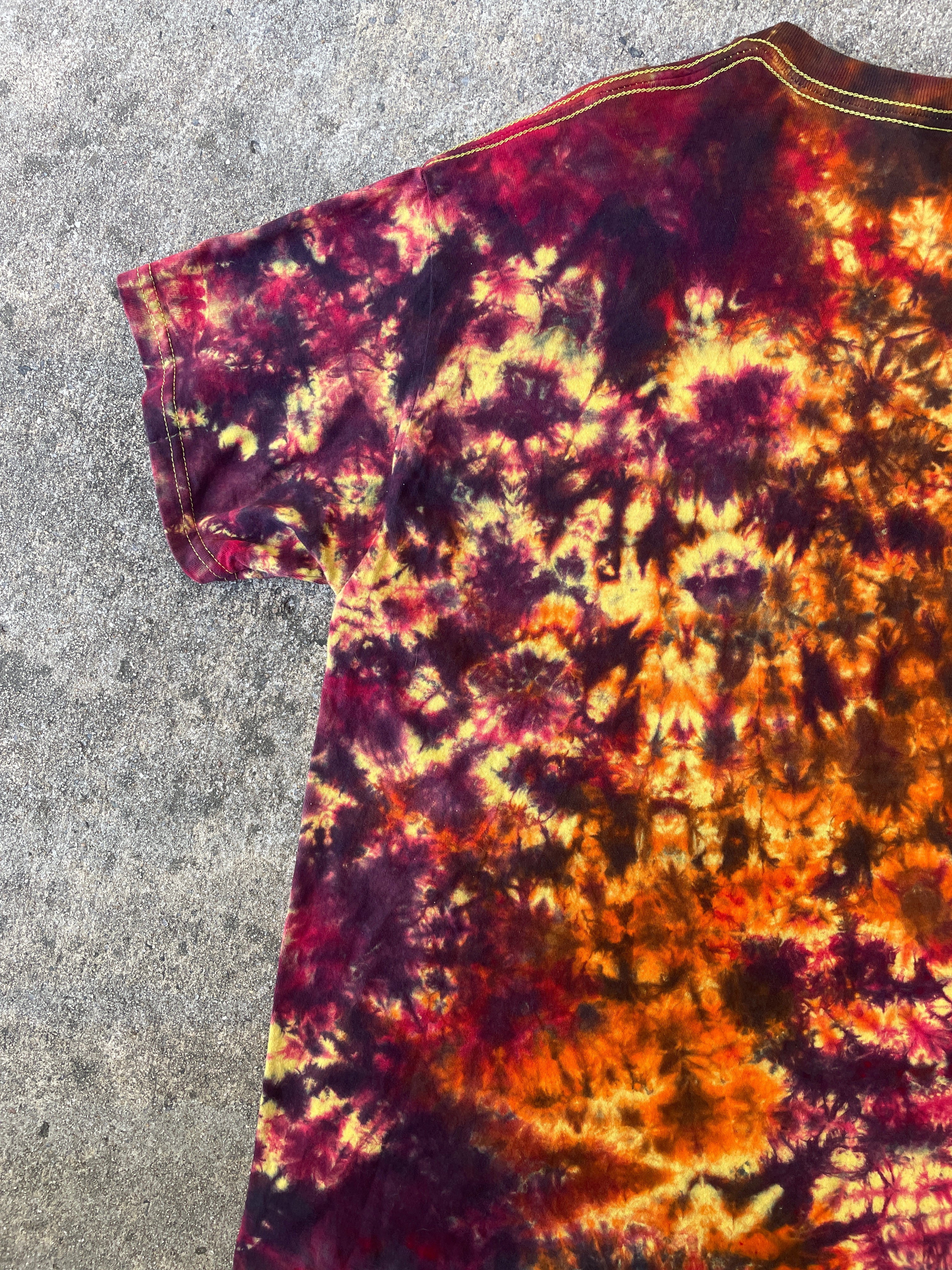 Hand-Printed Skeleton Heart Hands Orange, Yellow, and Black Tie Dye Short Sleeve T-Shirt | Men's Size Large