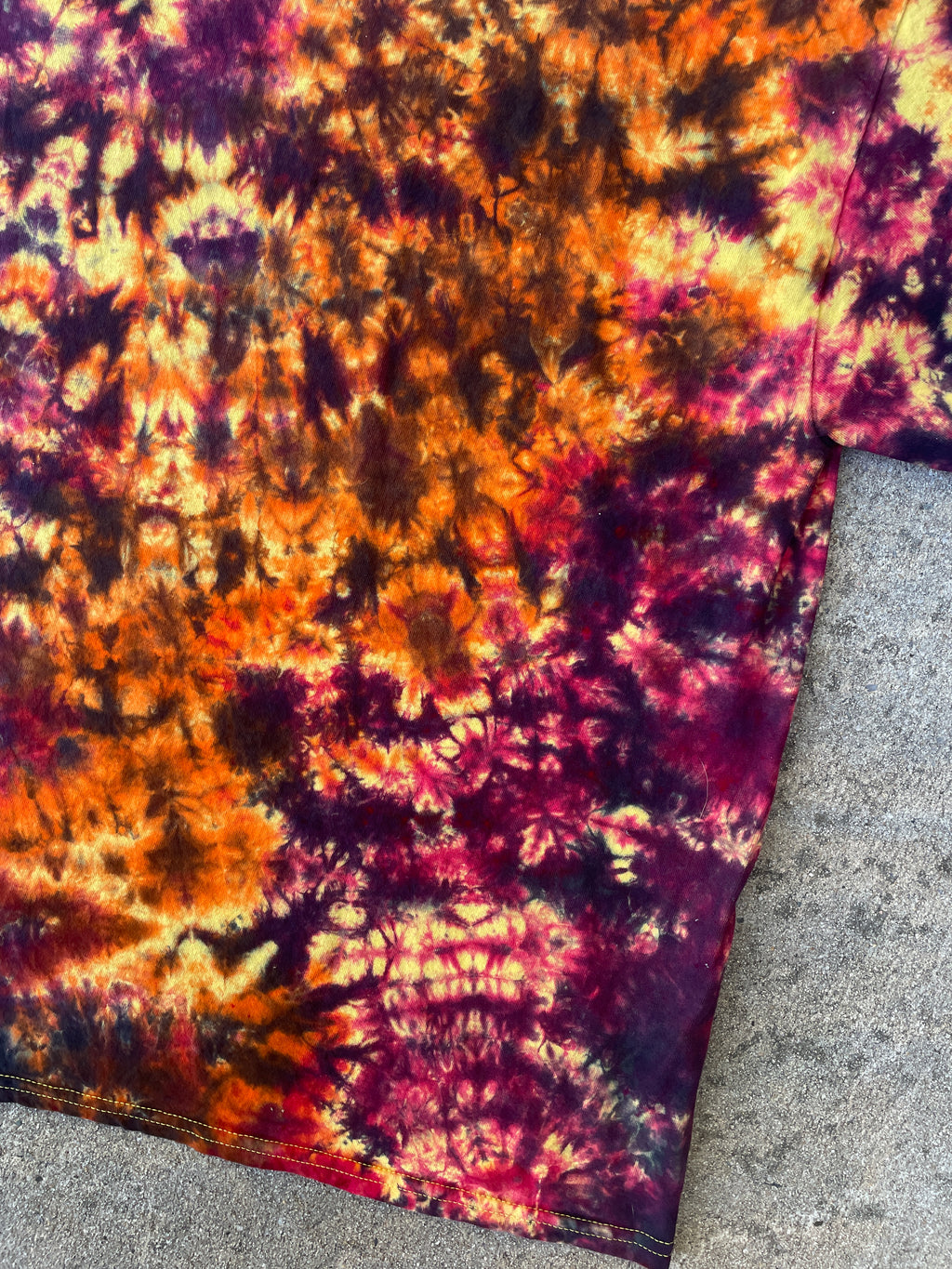 Hand-Printed Skeleton Heart Hands Orange, Yellow, and Black Tie Dye Short Sleeve T-Shirt | Men's Size Large