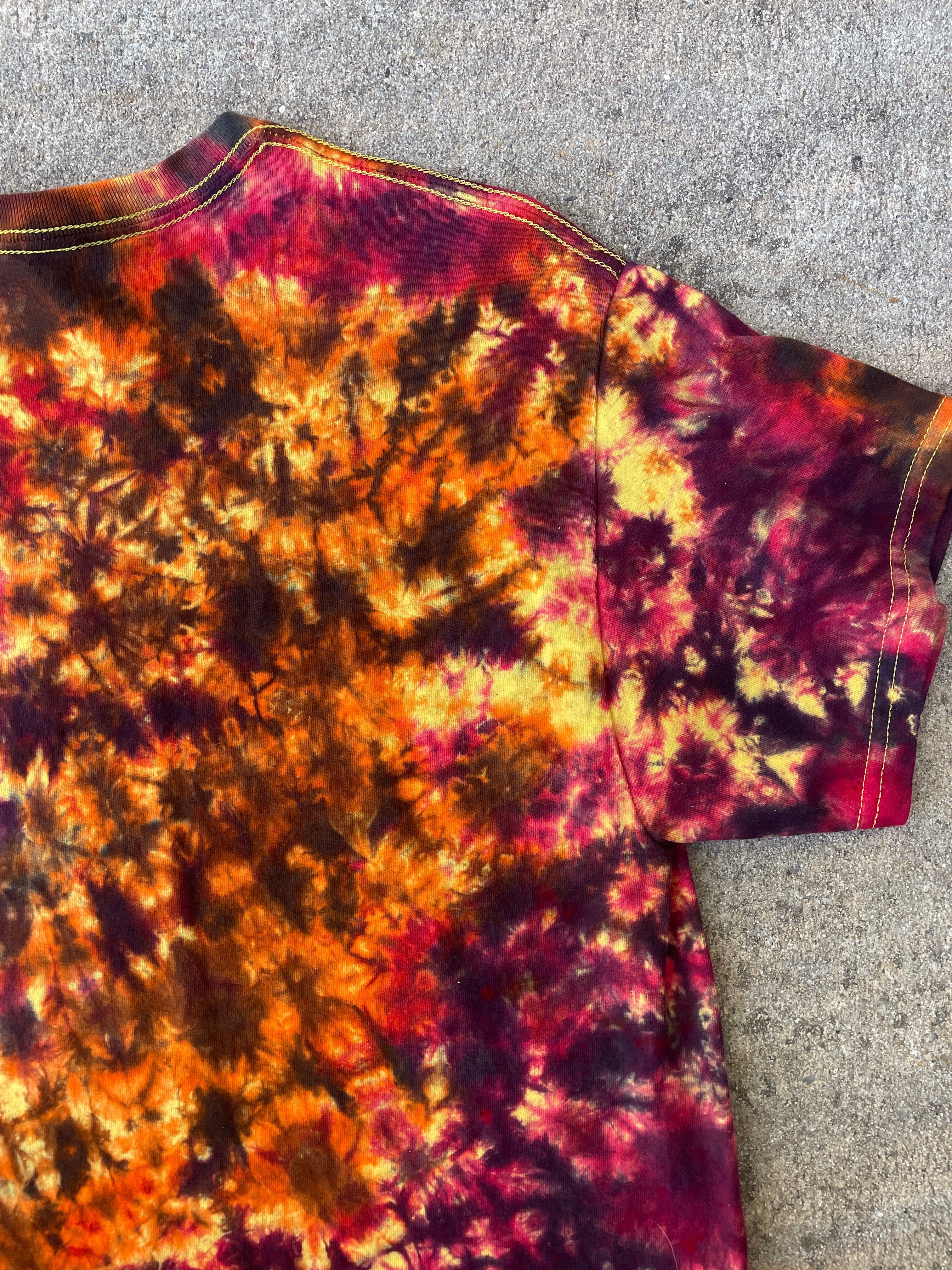 Hand-Printed Skeleton Heart Hands Orange, Yellow, and Black Tie Dye Short Sleeve T-Shirt | Men's Size Large