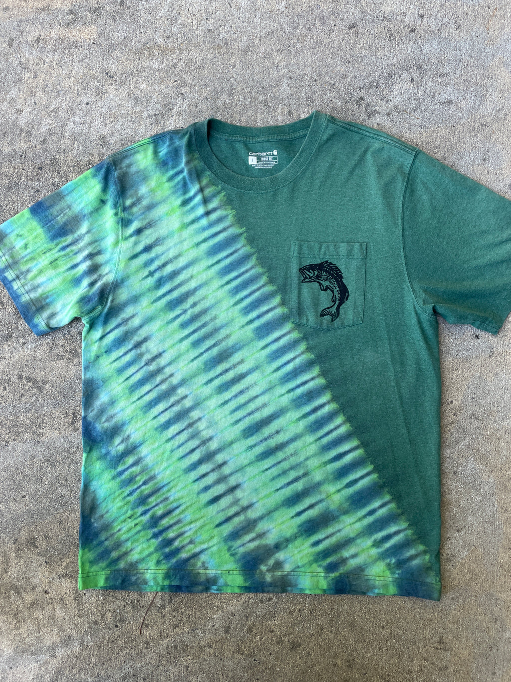 Carhartt Hand-Printed Largemouth Bass Green and Blue Reverse Tie Dye Short Sleeve T-Shirt | Men's Size Large