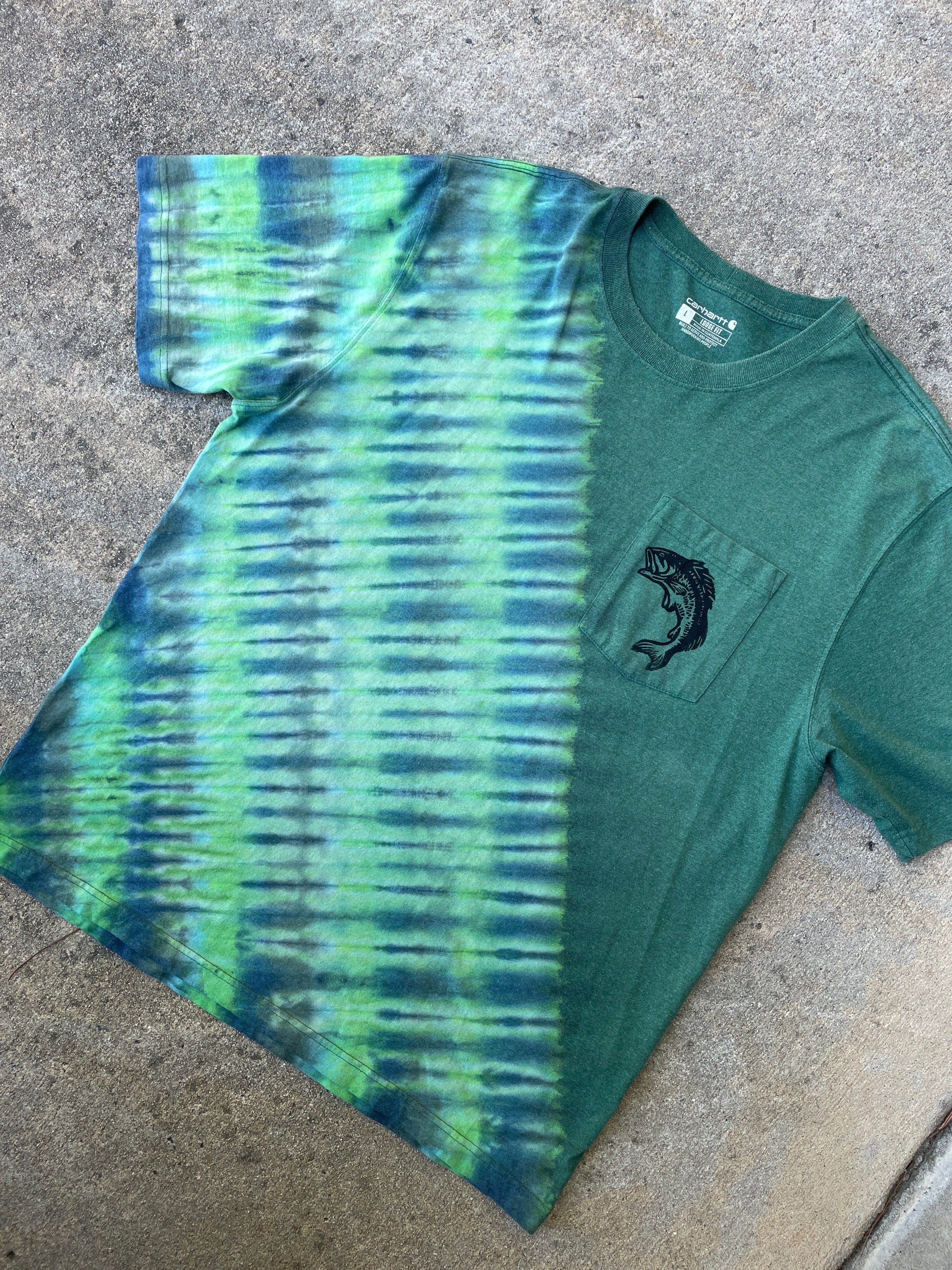 Carhartt Hand-Printed Largemouth Bass Green and Blue Reverse Tie Dye Short Sleeve T-Shirt | Men's Size Large