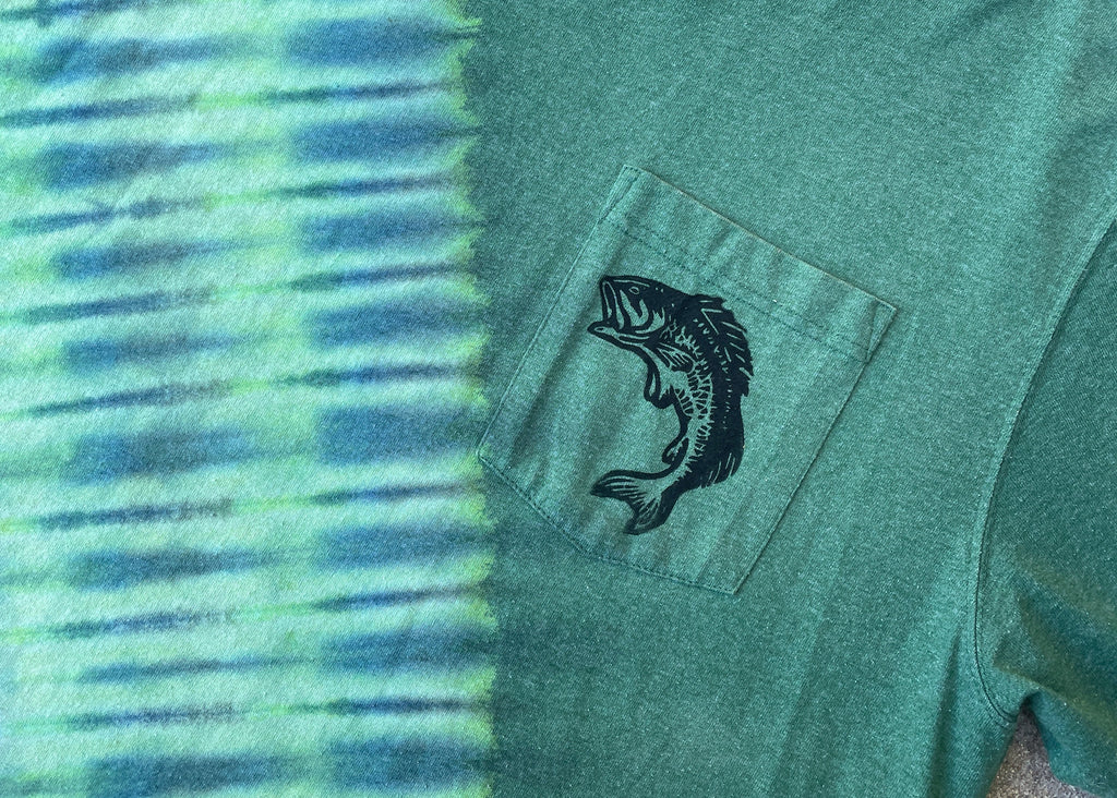 Carhartt Hand-Printed Largemouth Bass Green and Blue Reverse Tie Dye Short Sleeve T-Shirt | Men's Size Large