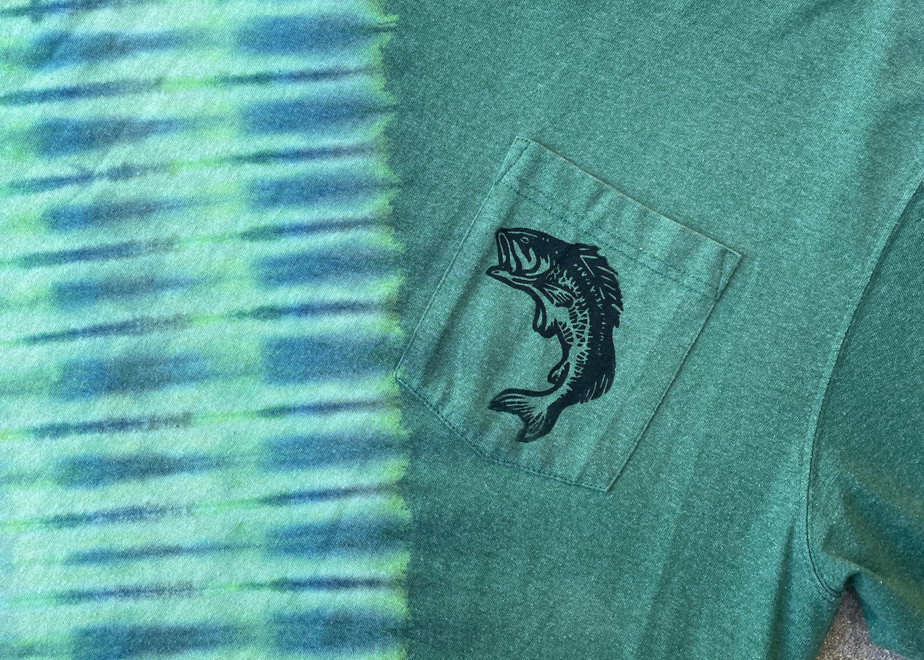 Carhartt Hand-Printed Largemouth Bass Green and Blue Reverse Tie Dye Short Sleeve T-Shirt | Men's Size Large