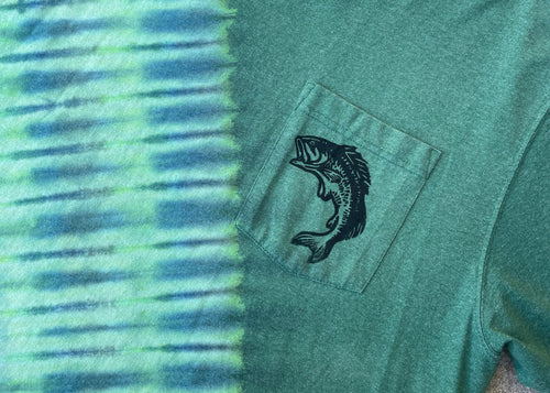 Carhartt Hand-Printed Largemouth Bass Green and Blue Reverse Tie Dye Short Sleeve T-Shirt | Men's Size Large