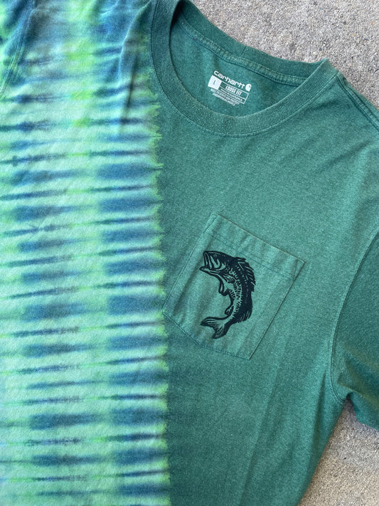 Carhartt Hand-Printed Largemouth Bass Green and Blue Reverse Tie Dye Short Sleeve T-Shirt | Men's Size Large