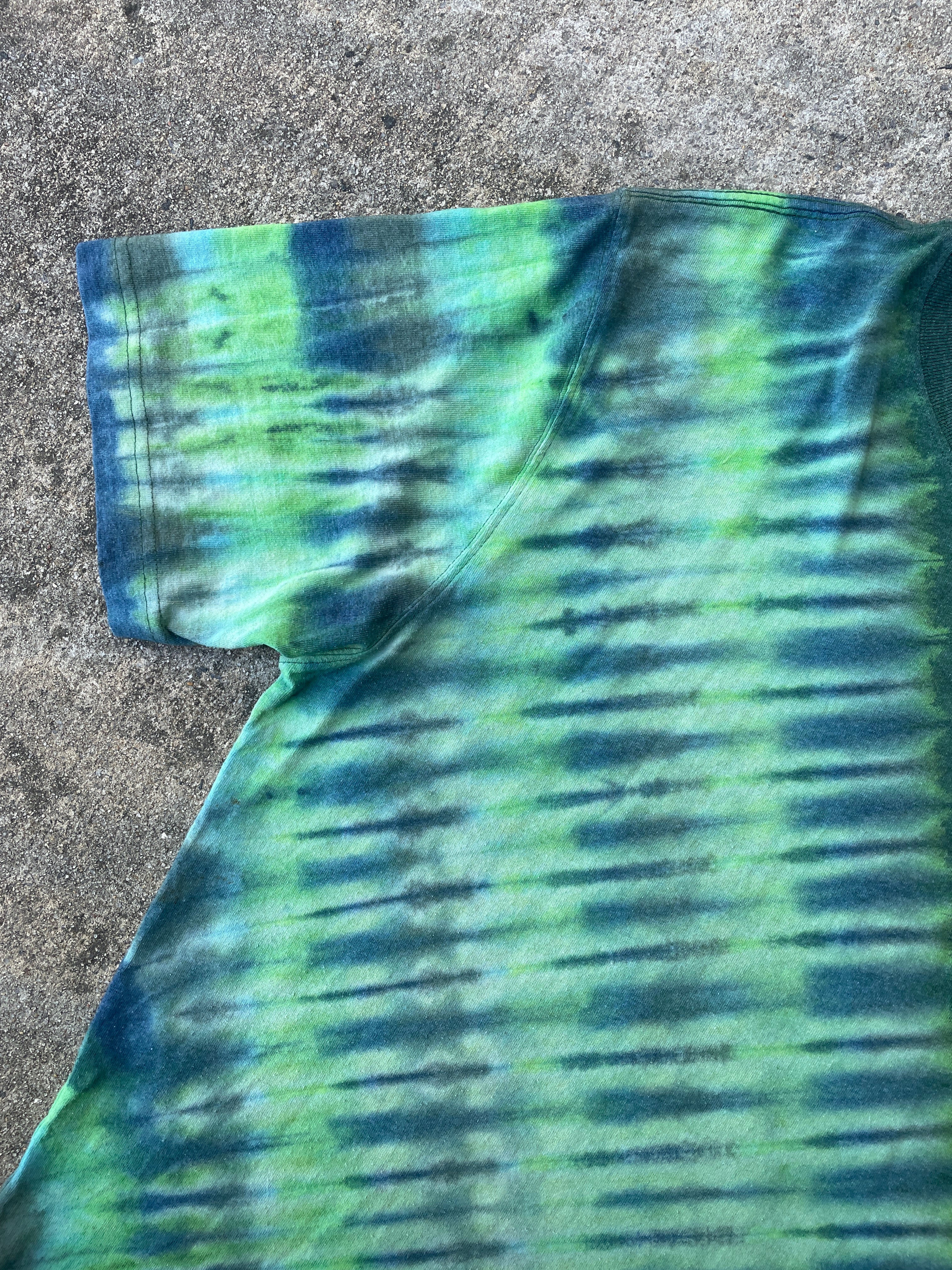 Carhartt Hand-Printed Largemouth Bass Green and Blue Reverse Tie Dye Short Sleeve T-Shirt | Men's Size Large