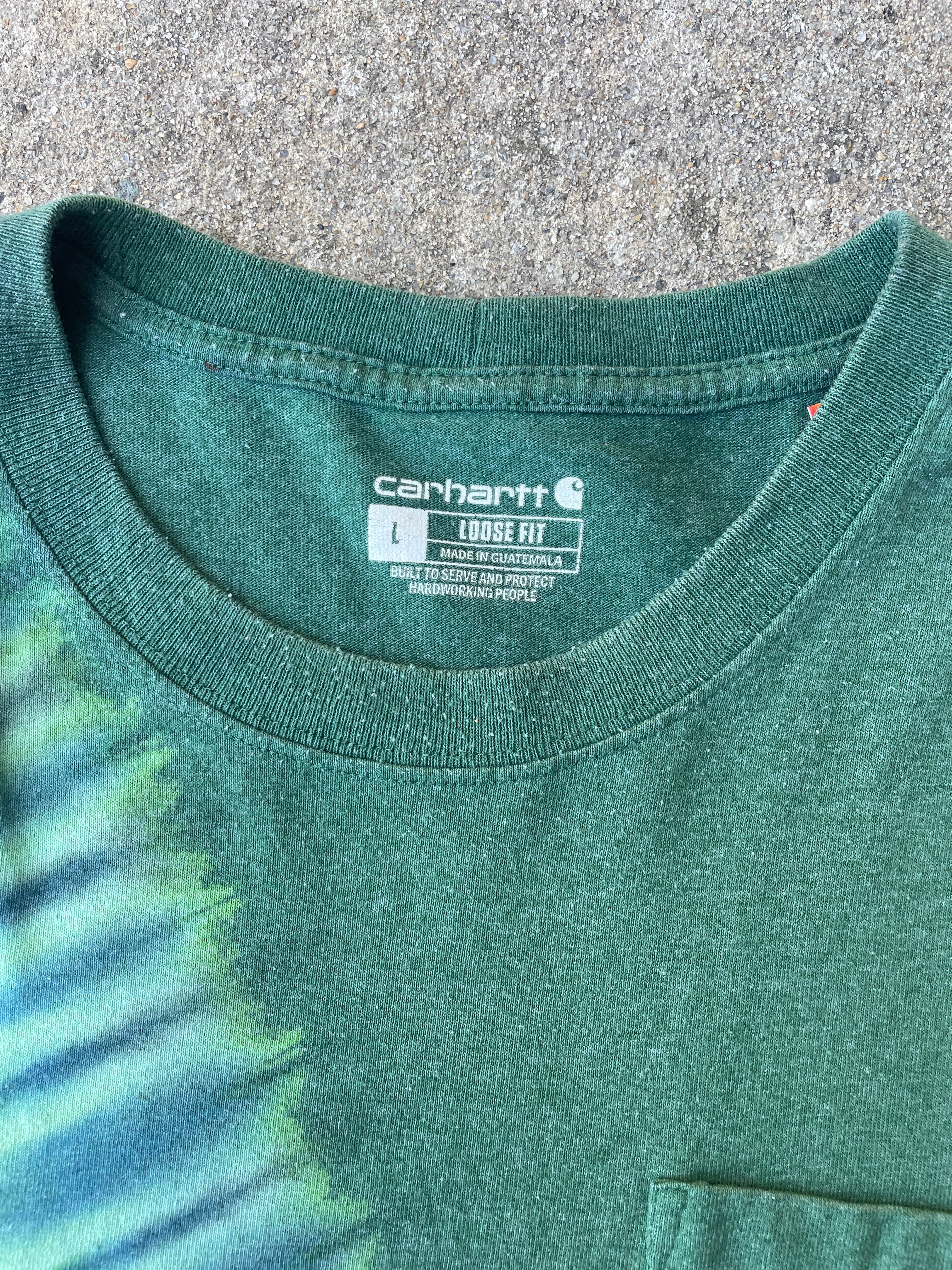 Carhartt Hand-Printed Largemouth Bass Green and Blue Reverse Tie Dye Short Sleeve T-Shirt | Men's Size Large