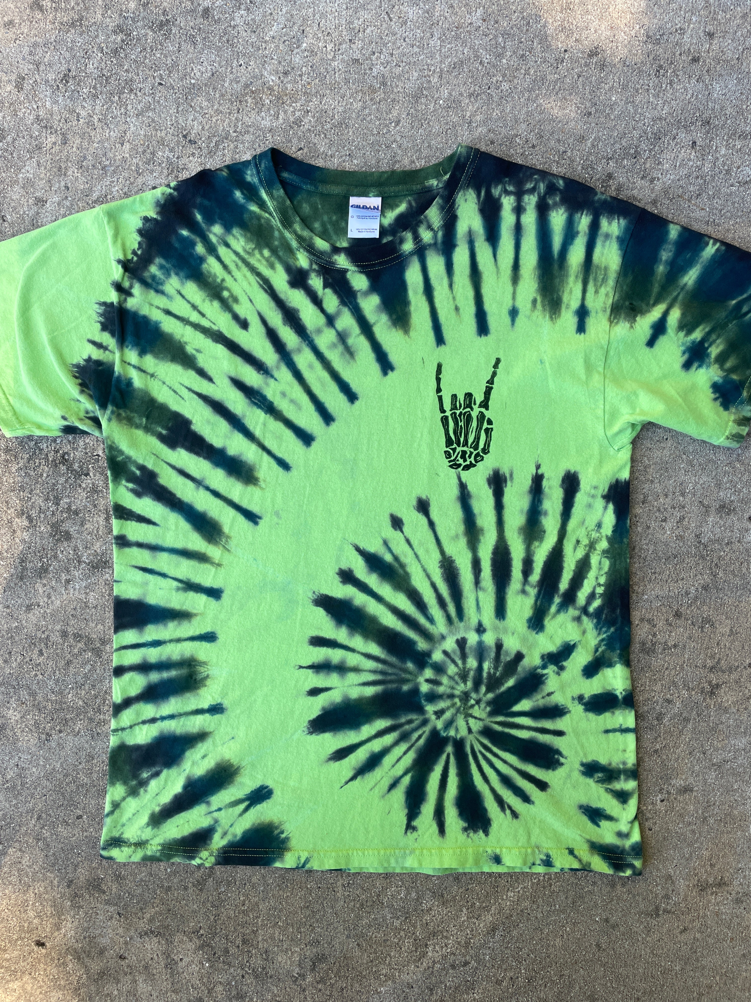 Hand-Printed Skeleton Rock On Green and Blue Spiral Tie Dye Short Sleeve T-Shirt | Men's Size Large